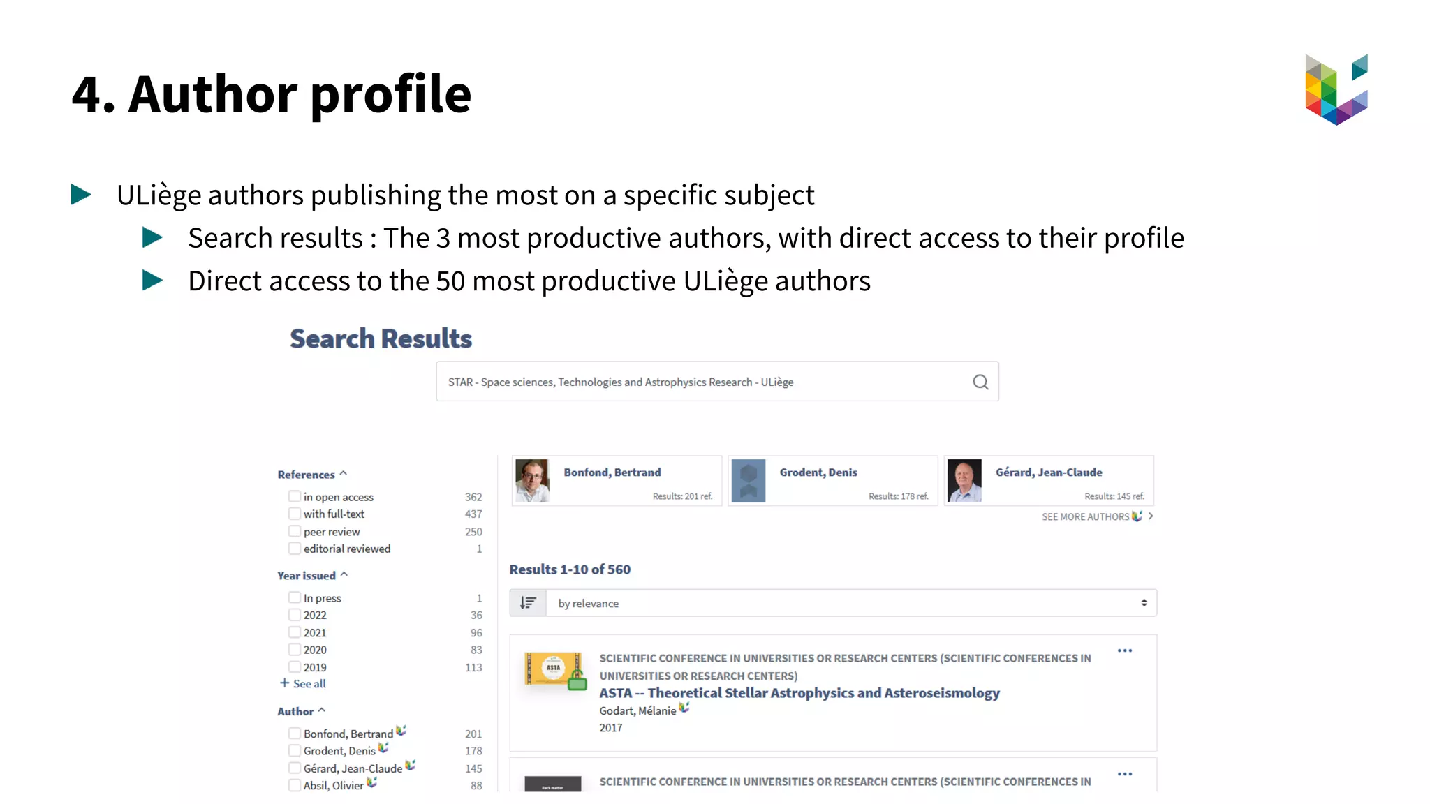 4. Author profile
ULiège authors publishing the most on a specific subject
Search results : The 3 most productive authors, with direct access to their profile
Direct access to the 50 most productive ULiège authors
 