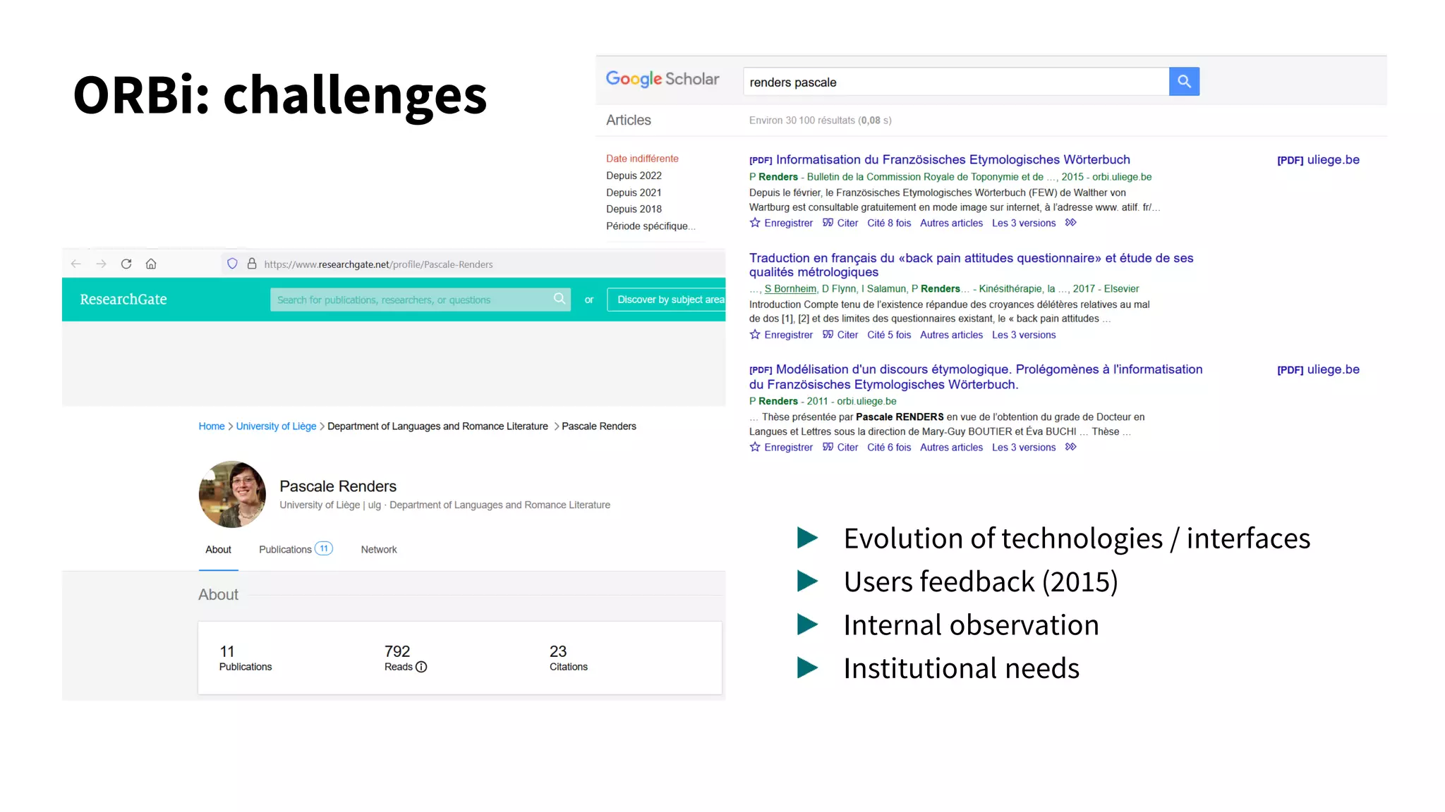 ORBi: challenges
Evolution of technologies / interfaces
Users feedback (2015)
Internal observation
Institutional needs
 