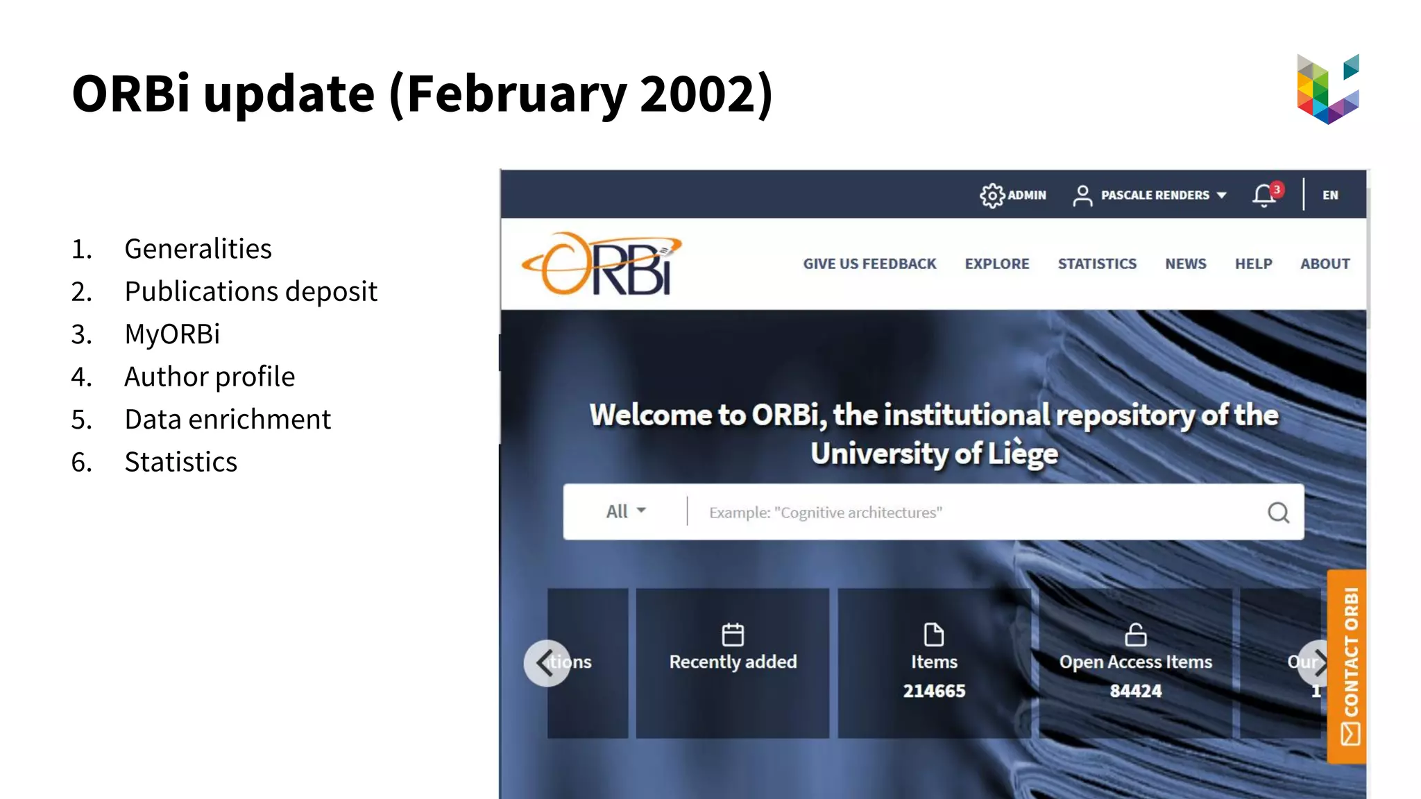 ORBi update (February 2002)
1. Generalities
2. Publications deposit
3. MyORBi
4. Author profile
5. Data enrichment
6. Statistics
 
