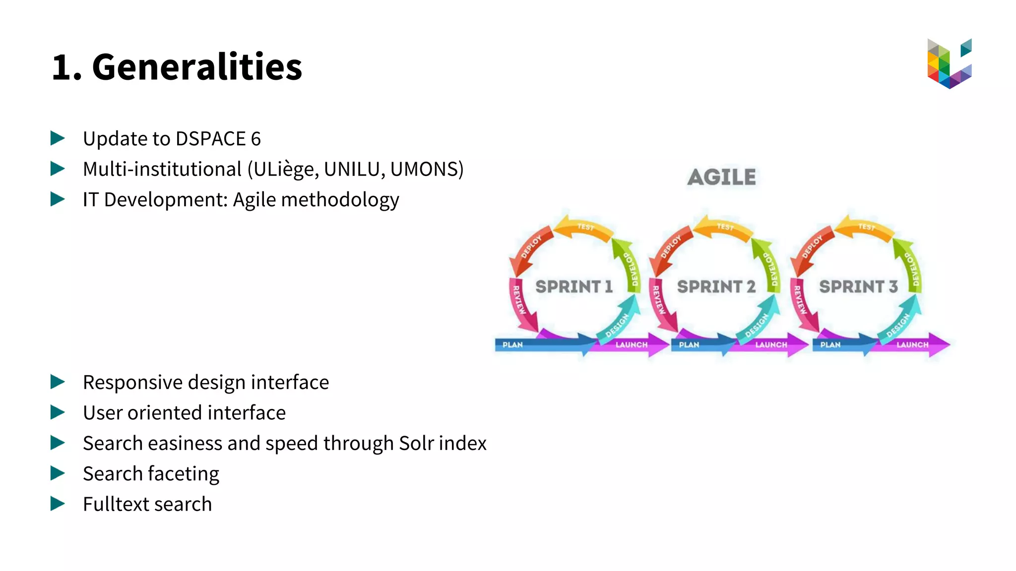 1. Generalities
Update to DSPACE 6
Multi-institutional (ULiège, UNILU, UMONS)
IT Development: Agile methodology
Responsive design interface
User oriented interface
Search easiness and speed through Solr index
Search faceting
Fulltext search
 