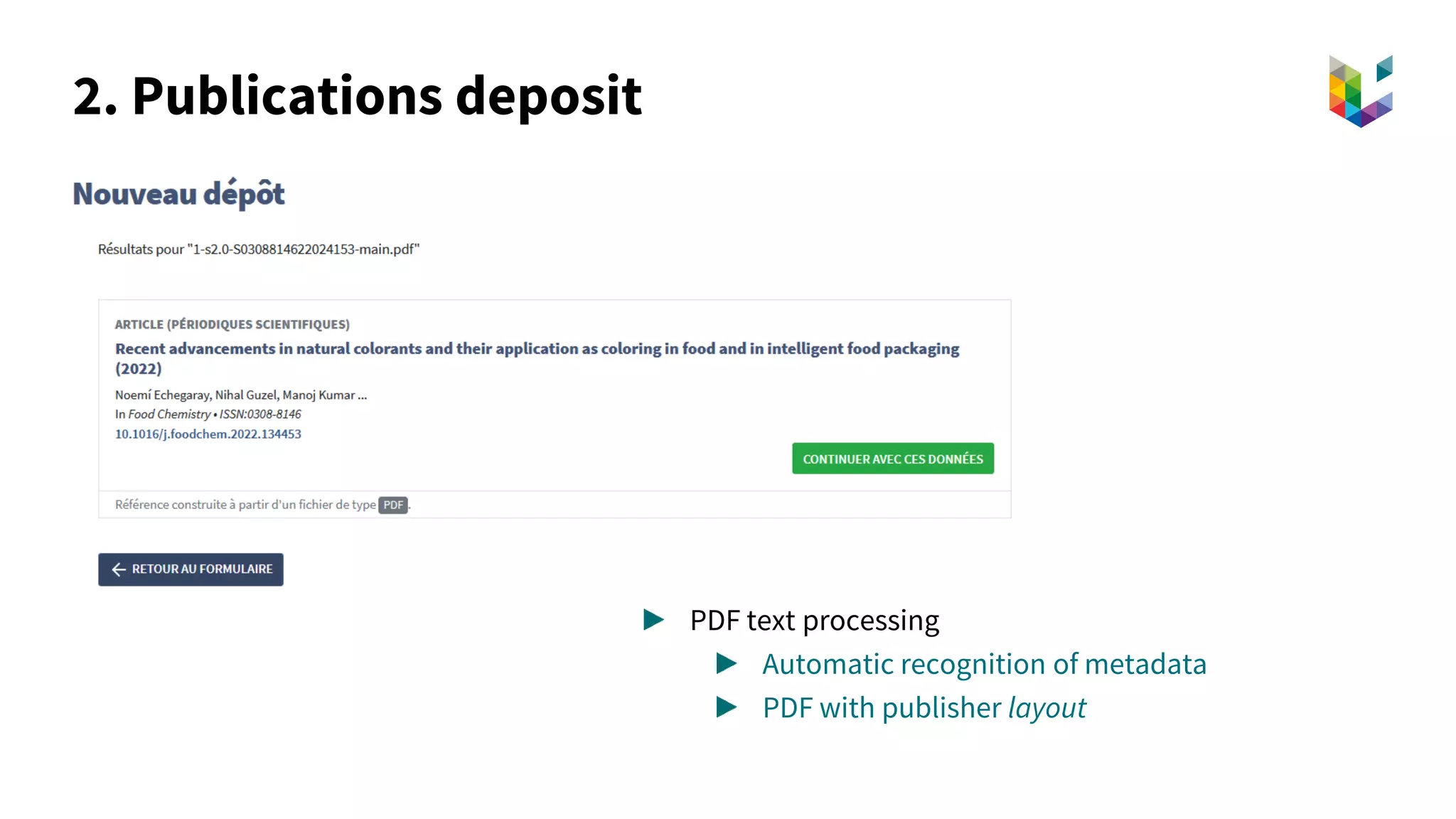 2. Publications deposit
PDF text processing
Automatic recognition of metadata
PDF with publisher layout
 