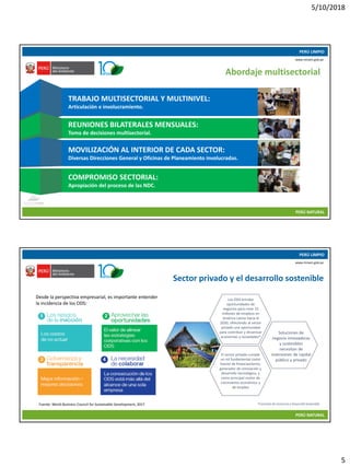 5/10/2018
5
10/05/2018 9
PERÚ LIMPIO
PERÚ NATURAL
www.minam.gob.pe
Abordaje multisectorial
TRABAJO MULTISECTORIAL Y MULTINIVEL:
Articulación e involucramiento.
REUNIONES BILATERALES MENSUALES:
Toma de decisiones multisectorial.
MOVILIZACIÓN AL INTERIOR DE CADA SECTOR:
Diversas Direcciones General y Oficinas de Planeamiento involucradas.
COMPROMISO SECTORIAL:
Apropiación del proceso de las NDC.
10/05/2018 10
PERÚ LIMPIO
PERÚ NATURAL
www.minam.gob.pe
Sector privado y el desarrollo sostenible
Desde la perspectiva empresarial, es importante entender
la incidencia de los ODS:
Fuente: World Business Council for Sustainable Development, 2017
Soluciones de
negocio innovadoras
y sostenibles
necesitan de
inversiones de capital
público y privado
Los ODS brindan
oportunidades de
negocios para crear 25
millones de empleos en
América Latina hacia el
2030, ofreciendo al sector
privado una oportunidad
para contribuir y dinamizar
economías y sociedades*
El sector privado cumple
un rol fundamental como
fuente de financiamiento,
generador de innovación y
desarrollo tecnológico, y
como principal motor de
crecimiento económico y
de empleo
*Comisión de Comercio y DesarrolloSostenible
 
