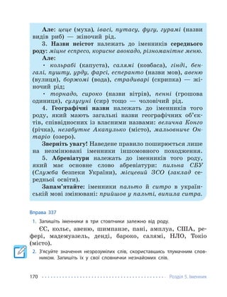 Розділ 5. Іменник
170
Але: цеце (муха), івасі, путасу, фугу, гурамі (назви
видів риб) — жіночий рід.
3. Назви неістот належать до іменників середнього
роду: міцне еспресо, корисне авокадо, різноманітне меню.
Але:
• кольрабі (капуста), салямі (ковбаса), гінді, бен-
галі, пушту, урду, фарсі, есперанто (назви мов), авеню
(вулиця), боржомі (вода), страдиварі (скрипка) — жі-
ночий рід;
• торнадо, сироко (назви вітрів), пенні (грошова
одиниця), сулугуні (сир) тощо — чоловічий рід.
4. Географічні назви належать до іменників того
роду, який мають загальні назви географічних об’єк-
тів, співвідносних із власними назвами: велична Конго
(річка), незабутнє Акапулько (місто), мальовниче Он-
таріо (озеро).
Зверніть увагу! Наведене правило поширюється лише
на незмінювані іменники іншомовного походження.
5. Абревіатури належать до іменників того роду,
який має основне слово абревіатури: пильна СБУ
(Служба безпеки України), місцевий ЗСО (заклад се-
редньої освіти).
Запам’ятайте: іменники пальто й ситро в україн-
ській мові змінювані: прийшов у пальті, випила ситра.
Вправа 337
1. Запишіть іменники в три стовпчики залежно від роду.
ЄС, кольє, авеню, шимпанзе, пані, амплуа, США, ре-
фері, мадемуазель, денді, бароко, салямі, НЛО, Токіо
(місто).
2. З’ясуйте значення незрозумілих слів, скориставшись тлумачним слов-
ником. Запишіть їх у свої словнички незнайомих слів.
 