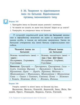 173
§ 36. Творення та відмінювання імен по батькові
§ 36. Творення та відмінювання
імен по батькові. Відмінювання
прізвищ іменникового типу
Вправа 345
1. Пригадайте імена по батькові ваших учителів і вчительок.
2. Чи можете ви сказати, як звали їхніх батьків? Звідки ви це знаєте?
3. Поміркуйте, як утворилися імена по батькові.
У сучасній українській мові ім’я по батькові вжива-
ємо в офіційному мовленні як один із варіантів нази-
вання особи, а також як ввічливе звернення. Імена по
батькові утворюємо від імені батька суфіксальним спо-
собом.
Чоловічі імена по
батькові
Жіночі імена
по батькові
Основа чоловічого імені +
-ович-:
Назарович, Ігорьович,
Сергійович
Основа чоловічого імені +
-івн-/-ївн- ([й+і]вн):
Назарівна, Ігорівна,
Сергіївна
Винятки: Григорій — Григорович, Григорівна; Ілля —
Ілліч, Іллівна; Кузьма — Ку́зьмович і Кузьми́ч,
Ку́зьмівна; Лука — Луки́ч, Лу́ківна; Микола —
Миколайович і Миколович, Миколаївна і Миколівна;
Сава — Савич і Савович, Савівна; Хома — Хо́мович
і Хоми́ч, Хо́мівна; Яків — Якович, Яківна.
Вправа 346
Утворіть чоловічі та жіночі імена по батькові від імен.
Валентин, Василь, Олексій, Анатолій, Іван, Яків, Зи-
новій, Орест, Геннадій, Кирило, Євген, Євгеній.
 