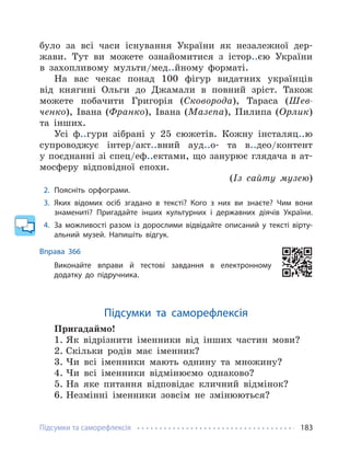 Підсумки та саморефлексія 183
було за всі часи існування України як незалежної дер-
жави. Тут ви можете ознайомитися з істор..єю України
в захопливому мульти/мед..йному форматі.
На вас чекає понад 100 фігур видатних українців
від княгині Ольги до Джамали в повний зріст. Також
можете побачити Григорія (Сковорода), Тараса (Шев-
ченко), Івана (Франко), Івана (Мазепа), Пилипа (Орлик)
та інших.
Усі ф..гури зібрані у 25 сюжетів. Кожну інсталяц..ю
супроводжує інтер/акт..вний ауд..о- та в..део/контент
у поєднанні зі спец/еф..ектами, що занурює глядача в ат-
мосферу відповідної епохи.
(Із сайту музею)
2. Поясніть орфограми.
3. Яких відомих осіб згадано в тексті? Кого з них ви знаєте? Чим вони
знамениті? Пригадайте інших культурних і державних діячів України.
4. За можливості разом із дорослими відвідайте описаний у тексті вірту-
альний музей. Напишіть відгук.
Вправа 366
Виконайте вправи й тестові завдання в електронному
додатку до підручника.
Підсумки та саморефлексія
Пригадаймо!
1. Як відрізнити іменники від інших частин мови?
2. Скільки родів має іменник?
3. Чи всі іменники мають однину та множину?
4. Чи всі іменники відмінюємо однаково?
5. На яке питання відповідає кличний відмінок?
6. Незмінні іменники зовсім не змінюються?
 