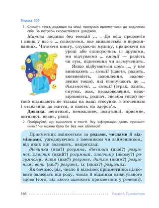 Розділ 6. Прикметник
186
Вправа 369
1. Спишіть текст, додавши на місці пропусків прикметники до виділених
слів. За потреби скористайтеся довідкою.
Життя людини без емоцій ... . До всіх предметів
і явищ у нас є … ставлення, яке виявляється в пережи-
ваннях. Читаючи книгу, слухаючи музику, працюючи на
уроці або спілкуючись із друзями,
ми відчуваємо … емоції — радість
чи сум, піднесення чи засмученість.
Якщо відбувається щось …, у нас
виникають … емоції (щастя, радість,
впевненість, захоплення, задово-
лення тощо), які спонукають до …
діяльності. … емоції (страх, злість,
смуток, жах, незадоволення, недо-
вірливість, розпач, зневіра тощо) по-
гано впливають не тільки на наші стосунки з оточенням
і ставлення до життя, а навіть на здоров’я.
Довідка: негативні, неможливе, позитивні, приємне,
активної, певне, різні.
2. Поміркуйте, що змінилося в тексті. Яку інформацію дають прикмет-
ники? Чи можна було би без них обійтися?
Прикметник змінюється за родами, числами й від-
мінками, узгоджуючись з іменником чи займенником,
від яких він залежить, наприклад:
дівчинка (яка?) розумна, дівчинки (якої?) розум-
ної; хлопчик (який?) розумний, хлопчику (якому?) ро-
зумному; дитя (яке?) розумне, дитям (яким?) розум-
ним; вони (які?) розумні, їх (яких?) розумних.
Як бачимо, рід, число й відмінок прикметника цілко-
вито залежать від роду, числа й відмінка означуваного
слова (того, від якого залежить прикметник у реченні).
 