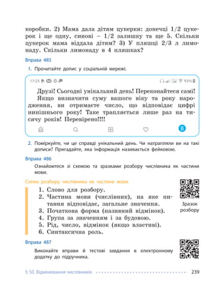 § 50. Відмінювання числівників 239
коробки. 2) Мама дала дітям цукерки: донечці 1/2 цуке-
рок і ще одну, синові – 1/2 залишку та ще 5. Скільки
цукерок мама віддала дітям? 3) У пляшці 2/3 л лимо-
наду. Скільки лимонаду в 4 пляшках?
Вправа 485
1. Прочитайте допис у соціальній мережі.
17:25 93%
Друзі! Сьогодні унікальний день! Переконайтеся самі!
Якщо визначити суму вашого віку та року наро-
дження, ви отримаєте число, що відповідає цифрі
нинішнього року! Таке трапляється лише раз на ти-
сячу років! Перевірено!!!!
В
2. Поміркуйте, чи це справді унікальний день. Чи натрапляли ви на такі
дописи? Пригадайте, яка інформація називається фейковою.
Вправа 486
Ознайомтеся зі схемою та зразками розбору числівника як частини
мови.
Схема розбору числівника як частини мови
1. Слово для розбору.
2. Частина мови (числівник), на яке пи-
тання відповідає, загальне значення.
3. Початкова форма (називний відмінок).
4. Група за значенням і за будовою.
5. Рід, число, відмінок (якщо властиві).
6. Синтаксична роль.
Вправа 487
Виконайте вправи й тестові завдання в електронному
додатку до підручника.
Зразок
розбору
 