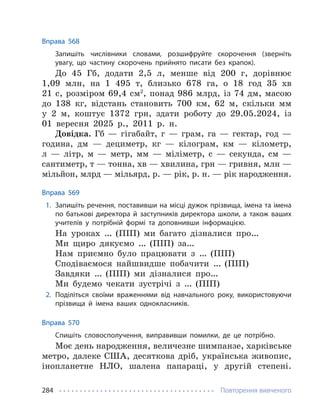 Повторення вивченого
284
Вправа 568
Запишіть числівники словами, розшифруйте скорочення (зверніть
увагу, що частину скорочень прийнято писати без крапок).
До 45 Гб, додати 2,5 л, менше від 200 г, дорівнює
1,09 млн, на 1 495 т, близько 678 га, о 18 год 35 хв
21 с, розміром 69,4 см2
, понад 986 млрд, із 74 дм, масою
до 138 кг, відстань становить 700 км, 62 м, скільки мм
у 2 м, коштує 1372 грн, здати роботу до 29.05.2024, із
01 вересня 2025 р., 2011 р. н.
Довідка. Гб — гігабайт, г — грам, га — гектар, год —
година, дм — дециметр, кг — кілограм, км — кілометр,
л — літр, м — метр, мм — міліметр, с — секунда, см —
сантиметр, т — тонна, хв — хвилина, грн — гривня, млн —
мільйон, млрд — мільярд, р. — рік, р. н. — рік народження.
Вправа 569
1. Запишіть речення, поставивши на місці дужок прізвища, імена та імена
по батькові директора й заступників директора школи, а також ваших
учителів у потрібній формі та доповнивши інформацією.
На уроках … (ПІП) ми багато дізналися про…
Ми щиро дякуємо … (ПІП) за…
Нам приємно було працювати з … (ПІП)
Сподіваємося найшвидше побачити … (ПІП)
Завдяки … (ПІП) ми дізналися про…
Ми будемо чекати зустрічі з … (ПІП)
2. Поділіться своїми враженнями від навчального року, використовуючи
прізвища й імена ваших однокласників.
Вправа 570
Спишіть словосполучення, виправивши помилки, де це потрібно.
Моє день народження, величезне шимпанзе, харківське
метро, далеке США, десяткова дріб, українська живопис,
інопланетне НЛО, шалена папараці, у другій степені.
 