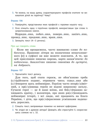 § 10. Правила написання букв Е, И, І в іменникових суфіксах 61
5. Чи можна, на вашу думку, схарактеризувати професію вчителя чи ви-
хователя дітей як героїчну? Чому?
Вправа 106
1. Поміркуйте, представники яких професій є героями нашого часу.
2. Усно опишіть одну з героїчних професій, використавши три слова із
запропонованих нижче.
Відрядж..ння, побач..ння, поверн..ння, закінч..ння,
провед..ння, продовж..ння, враж..ння.
3. Запишіть текст (4—5 речень).
Про що говорять слова
Коли ми прощаємося, часто вживаємо слово до по-
бачення. Правопис літери на позначення ненаголоше-
ного [е] в суфіксі ви вже можете пояснити. А те, що
цей прислівник пишемо окремо, варто запам’ятати: до
побачення. Аналогічно пишемо синоніми до зустрічі,
на добраніч.
Вправа 107
1. Прочитайте текст допису.
Для того, щоб стати героєм, не обов’язково треба
(з/с)дійснити подвиг, отримати чиєсь схвал..ння або
(з/с)творити щось неймовірне. Героїзм часто непр(е/и)міт-
ний, а пр(і/и)звища героїв не відомі широкому загалу.
Сучасні герої — це й наші воїни, які бе(з/с)трашно за-
хищають країну, і волонтери, про яких ро(з/с)повідають
неймовірні історії, і всі люди, які працюють на благо
України, і діти, що пр(е/и)красними усмішками надиха-
ють дорослих.
2. Спишіть текст, виправивши помилки на вивчені орфограми.
3. Чи згодні ви з думкою автора? Доведіть або спростуйте її, скористав-
шись схемою на с. 32.
 