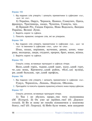 Розділ 3. Словотвір. Орфографія
98
Вправа 193
1. Від поданих слів утворіть і запишіть прикметники із суфіксами -ськ-,
-цьк- чи -зьк-.
1) Україна, Овруч, Черкаси, Кавказ, Славутич, Одеса,
француз, Тростянець, казах, Чукотка, Славута, чех.
2) Кривий Ріг, Східна Європа, Нова Водолага, Західна
Україна, Великі Луки.
2. Виділіть корені та суфікси.
3. Поясніть правопис складних слів, які ви утворили.
Вправа 194
1. Від поданих слів утворіть прикметники із суфіксами -ськ-, -цьк- чи
-зьк- та іменники із суфіксами -ств-, -цтв- чи -зтв-.
Птах, козак, керівник, мученик, дивак, агент, това-
риш, молодець, люди, студент, пророк, брат, юнак, жінка.
2. Виділіть корені та суфікси.
Вправа 195
Спишіть слова, вставивши пропущені в суфіксах літери.
Воло..ький горіх, таджи..ький одяг, калу..ький гурт,
че..ька мова, Кременчу..ький район, тбілі..ькі вулиці,
ри..ький бальзам, гре..ький профіль.
Вправа 196
1. Від поданих слів утворіть і запишіть прикметники із суфіксом -ськ-.
Гуцул, Тернопіль, Лопань, Поділля, Оболонь.
2. Пригадайте та поясніть правила правопису м’якого знака перед суфіксом.
Вправа 197
Спишіть речення, вставивши пропущені літери.
1) Так і не збулось проро..тво того полковника
(М. Білкун). 2) Ох уже це мрійни..тво! (О. Дерман-
ський). 3) Бо ж кому не ганьба зізнаватися у власному
боягу..тві? (О. Гаврош). 4) Небо було темне, мов закурене
 
