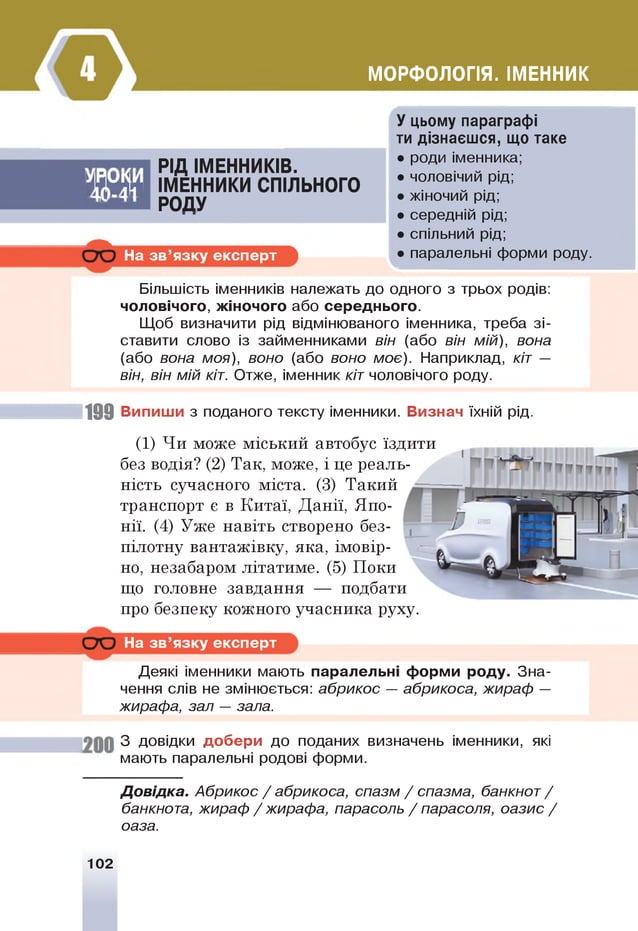МОРФОЛОГІЯ. ІМЕННИК
У цьому параграфі
ти дізнаєшся, що таке
• роди іменника;
• чоловічий рід;
• жіночий рід;
• середній рід;
РІД ІМЕННИКІВ.
УРОКИ ІМЕННИКИ СПІЛЬНОГО
40-41 РОДУ
• спільний рід;
• паралельні форми роду.
На зв ’язку експерт
Більшість іменників належать до одного з трьох родів:
чоловічого, жіночого або середнього.
Щоб визначити рід відмінюваного іменника, треба зі­
ставити слово із займенниками він (або він мій), вона
(або вона моя), воно (або воно моє). Наприклад, кіт —
він, він мій кіт. Отже, іменник кіт чоловічого роду.
199 Випиши з поданого тексту іменники. Визнач їхній рід.
(1) Чи може міський автобус їздити
без водія? (2) Так, може, і це реаль­
ність сучасного міста. (3) Такий
транспорт є в Китаї, Данії, Япо­
нії. (4) Уже навіть створено без­
пілотну вантажівку, яка, імовір­
но, незабаром літатиме. (5) Поки
що головне завдання — подбати
про безпеку кожного учасника руху.
На зв ’язку експерт
Деякі іменники мають паралельні форми роду. Зна­
чення слів не змінюється: абрикос — абрикоса, жираф —
жирафа, зал — зала.
З довідки добери до поданих визначень іменники, які
мають паралельні родові форми.
Д овідка. Абрикос / абрикоса, спазм / спазма, банкнот /
банкнота, жираф / жирафа, парасоль / парасоля, оазис /
оаза.
102
 