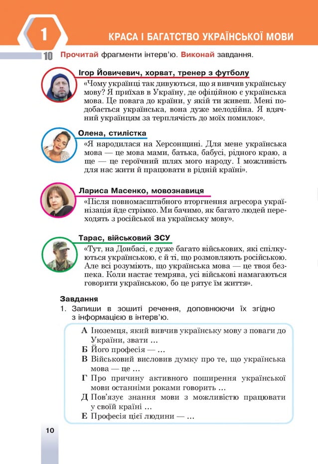 КРАСА І БАГАТСТВО УКРАЇНСЬКОЇ МОВИ
10 Прочитай фрагменти інтерв’ю. Виконай завдання.
Ігор Йовичевич, хорват, тренер з футболу
«Чому українці так дивуються, що я вивчив українську
мову? Я приїхав в Україну, де офіційною є українська
мова. Це повага до країни, у якій ти живеш. Мені по­
добається українська, вона дуже мелодійна. Я вдяч­
ний українцям за терплячість до моїх помилок».
Олена, стилістка
«Я народилася на Херсонщині. Для мене українська
мова — це мова мами, батька, бабусі, рідного краю, а
ще — це героїчний шлях мого народу. І можливість
для нас жити й працювати в рідній країні».
Лариса Масенко, мовознавиця
«Після повномасштабного вторгнення агресора украї­
нізація йде стрімко. Ми бачимо, як багато людей пере­
ходять з російської на українську мову».
Тарас, військовий ЗСУ
«Тут, на Донбасі, є дуже багато військових, які спілку­
ються українською, є й ті, що розмовляють російською.
Але всі розуміють, що українська мова — це твоя без­
пека. Коли настає темрява, усі військові намагаються
говорити українською, бо це рятує їм життя».
Завдання
1. Запиши в зошиті речення, доповнюючи їх згідно
з інформацією в інтерв’ю.
А Іноземця, який вивчив українську мову з поваги до
України, звати ...
Б Його професія — ...
В Військовий висловив думку про те, що українська
мова — це ...
Г Про причину активного поширення української
мови останніми роками говорить ...
Д Пов’язує знання мови з можливістю працювати
у своїй країні ...
Е Професія цієї людини — ...
10
 