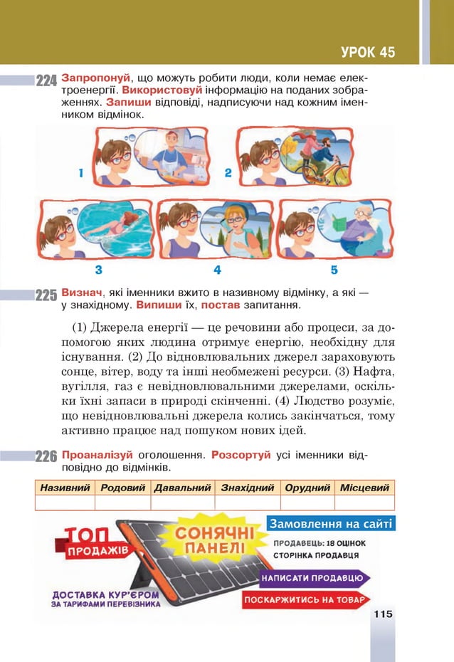 УРОК 45
224 Запропонуй, що можуть робити люди, коли немає елек­
троенергії. Використовуй інформацію на поданих зобра­
женнях. Запиш и відповіді, надписуючи над кожним імен­
ником відмінок.
і
3 4 5
225 Визнач>які іменники вжито в називному відмінку, а які —
у знахідному. Випиши їх, постав запитання.
(1) Джерела енергії — це речовини або процеси, за до­
помогою яких людина отримує енергію, необхідну для
існування. (2) До відновлювальних джерел зараховують
сонце, вітер, воду та інші необмежені ресурси. (3) Нафта,
вугілля, газ є невідновлювальними джерелами, оскіль­
ки їхні запаси в природі скінченні. (4) Людство розуміє,
що невідновлювальні джерела колись закінчаться, тому
активно працює над пошуком нових ідей.
226 Проаналізуй оголошення. Розсортуй усі іменники від­
повідно до відмінків.
Н азивний Р одовий Д авальний З на хідний О рудний М ісц е ви й
- І О П ^  V
ПРОДАЖІВ П А Н Е Л І
Замовлення на сайті
ПРОДАВЕЦЬ: 18 ОЦІНОК
СТОРІНКА ПРОДАВЦЯ
ДОСТАВКА КУР’ЄРОМ
ЗА ТАРИФАМИ ПЕРЕВІЗНИКА
НАПИСАТИ ПРОДАВЦЮ
ПОСКАРЖИТИСЬ НА ТОВАР
115
 