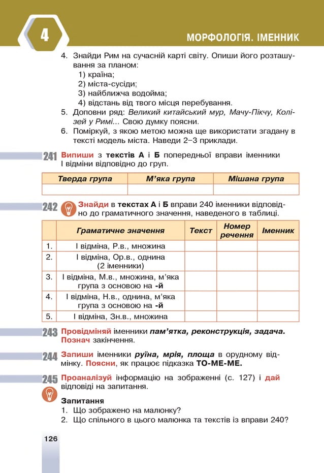 МОРФОЛОГІЯ. ІМЕННИК
4. Знайди Рим на сучасній карті світу. Опиши його розташу­
вання за планом:
1 ) країна;
2 ) міста-сусіди;
3) найближча водойма;
4) відстань від твого місця перебування.
5. Доповни ряд: Великий китайський мур, Мачу-Пікчу, Колі­
зей у Римі... Свою думку поясни.
6 . Поміркуй, з якою метою можна ще використати згадану в
тексті модель міста. Наведи 2-3 приклади.
241 Випиши з текстів А і Б попередньої вправи іменники
І відміни відповідно до груп.
Тверда група М ’яка група Мішана група
242 Знайди в текстах А і Б вправи 240 іменники відповід­
но до граматичного значення, наведеного в таблиці.
Граматичне значення Текст
Номер
речення
Іменник
1 . І відміна, Р.в., множина
2 . І відміна, Ор.в., однина
(2 іменники)
3. І відміна, М.в., множина, м’яка
група з основою на -й
4. І відміна, Н.в., однина, м’яка
група з основою на -й
5. І відміна, Зн.в., множина
243 Провідміняй іменники пам ’ятка, реконструкція, задача.
Познач закінчення.
244 Запиш и іменники руїна, мрія, площ а в орудному від­
мінку. Поясни, як працює підказка ТО-МЕ-МЕ.
245 Проаналізуй інформацію на зображенні (с. 127) і дай
© відповіді на запитання.
Запитання
1. Що зображено на малюнку?
2. Що спільного в цього малюнка та текстів із вправи 240?
126
 