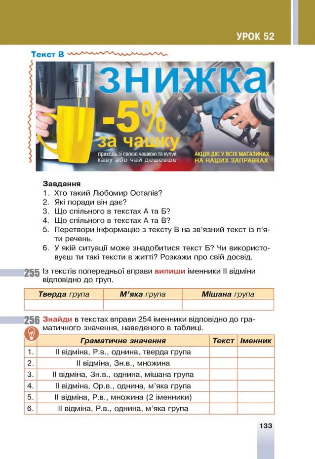 Завдання
1. Хто такий Любомир Остапів?
2. Які поради він дає?
3. Що спільного в текстах А та Б?
4. Що спільного в текстах А та В?
5. Перетвори інформацію з тексту В на зв’язний текст із п’я­
ти речень.
6 . У якій ситуації може знадобитися текст Б? Чи використо­
вуєш ти такі тексти в житті? Розкажи про свій досвід.
255 Із текстів попередньої вправи випиши іменники ІІ відміни
відповідно до груп.
Тверда група М ’яка група Мішана група
25 6 Знайди в текстах вправи 254 іменники відповідно до гра­
матичного значення, наведеного в таблиці.
Граматичне значення Текст Іменник
1 . ІІ відміна, Р.в., однина, тверда група
2 . ІІ відміна, Зн.в., множина
3. ІІ відміна, Зн.в., однина, мішана група
4. ІІ відміна, Ор.в., однина, м’яка група
5. ІІ відміна, Р.в., множина (2 іменники)
6 . ІІ відміна, Р.в., однина, м’яка група
133
 