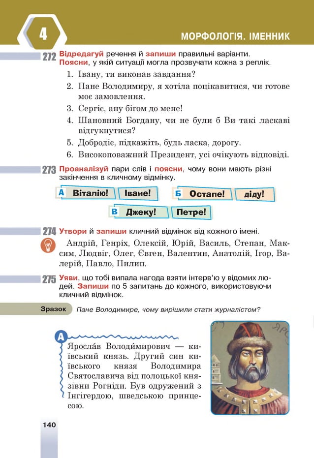 МОРФОЛОГІЯ. ІМЕННИК
272 Відредагуй речення й запиш и правильні варіанти.
Поясни, у якій ситуації могла прозвучати кожна з реплік.
1. Івану, ти виконав завдання?
2. Пане Володимиру, я хотіла поцікавитися, чи готове
моє замовлення.
3. Сергіє, ану бігом до мене!
4. Шановний Богдану, чи не були б Ви такі ласкаві
відгукнутися?
5. Добродіє, підкажіть, будь ласка, дорогу.
6. Високоповажний Президент, усі очікують відповіді.
273 Проаналізуй пари слів і поясни, чому вони мають різні
закінчення в кличному відмінку.
А Віталію ! Іване! Б О стапе! д ід у
В Д ж еку! П етре!
274 Утвори й запиш и кличний відмінок від кожного імені.
Андрій, Генріх, Олексій, Юрій, Василь, Степан, Мак­
сим, Людвіг, Олег, Євген, Валентин, Анатолій, Ігор, Ва­
лерій, Павло, Пилип.
275 Уяви, що тобі випала нагода взяти інтерв’юу відомих лю­
дей. Запиш и по 5 запитань до кожного, використовуючи
кличний відмінок.
Зразок Пане Володимире, чому вирішили стати журналістом?
ш
Ярослав Володймирович — ки­
ївський князь. Другий син ки­
ївського князя Володимира
Святославича від полоцької кня­
зівни Рогніди. Був одружений з
Інгігердою, шведською принце­
сою.
140
 