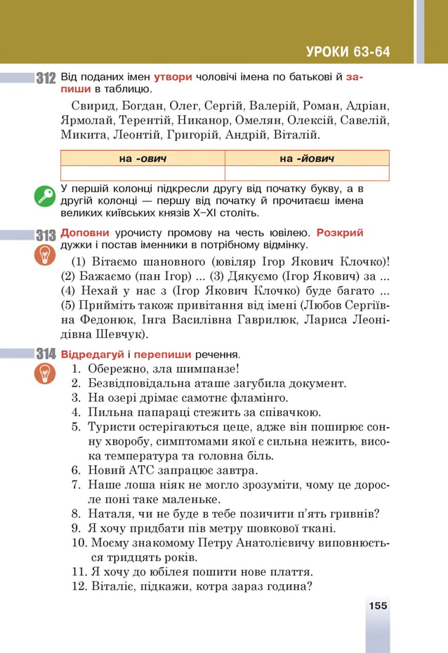 УРОКИ 63-64
312 Від поданих імен утвори чоловічі імена по батькові й за ­
пиши в таблицю.
Свирид, Богдан, Олег, Сергій, Валерій, Роман, Адріан,
Ярмолай, Терентій, Ннканор, Омелян, Олексій, Савелій,
Микита, Леонтій, Григорій, Андрій, Віталій.
і
на -ович на -йович
У першій колонці підкресли другу від початку букву, а в
другій колонці — першу від початку й прочитаєш імена
великих київських князів Х-ХІ століть.
313 Доповни урочисту промову на честь ювілею. Розкрий
дужки і постав іменники в потрібному відмінку.
(1) Вітаємо шановного (ювіляр Ігор Якович Клочко)!
(2) Бажаємо (пан Ігор) ... (3) Дякуємо (Ігор Якович) за ...
(4) Нехай у нас з (Ігор Якович Клочко) буде багато ...
(5) Прийміть також привітання від імені (Любов Сергіїв­
на Федонюк, Інга Василівна Гаврилюк, Лариса Леоні­
дівна Шевчук).
314 Відредагуй і перепиши речення.
1. Обережно, зла шимпанзе!
2. Безвідповідальна аташе загубила документ.
3. На озері дрімає самотнє фламінго.
4. Пильна папараці стежить за співачкою.
5. Туристи остерігаються цеце, адже він поширює сон­
ну хворобу, симптомами якої є сильна нежить, висо­
ка температура та головна біль.
6. Новий АТС запрацює завтра.
7. Наше лоша ніяк не могло зрозуміти, чому це дорос­
ле поні таке маленьке.
8. Наталя, чи не буде в тебе позичити п’ять гривнів?
9. Я хочу придбати пів метру шовкової ткані.
10. Моєму знакомому Петру Анатолієвичу виповнюєть­
ся тридцять років.
11.Я хочу до юбілея пошити нове плаття.
12. Віталіє, підкажи, котра зараз година?
155
 