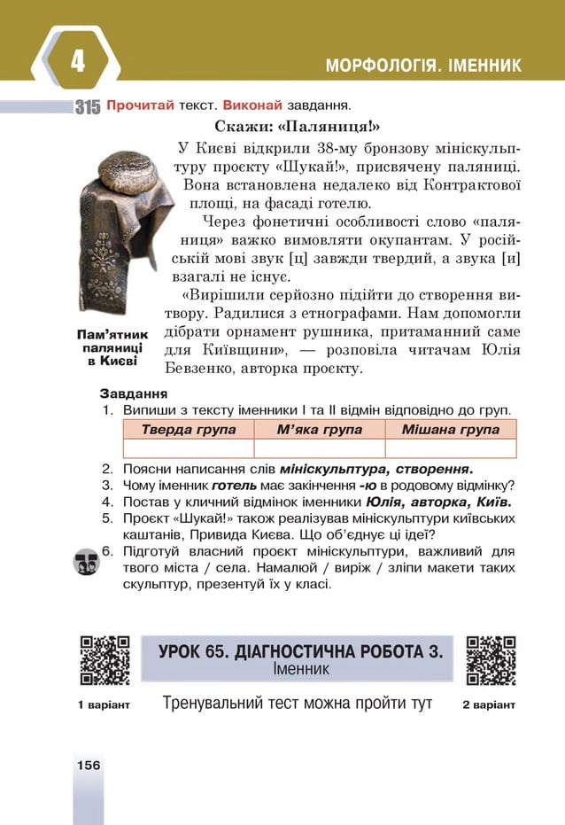 МОРФОЛОГІЯ. ІМЕННИК
315 Прочитай текст. Виконай завдання.
Скаж и: «П аляниця!»
У Києві відкрили 38-му бронзову мініскульп-
туру проекту «Шукай!», присвячену паляниці.
Вона встановлена недалеко від Контрактової
площі, на фасаді готелю.
Через фонетичні особливості слово «паля­
ниця» важко вимовляти окупантам. У росій­
ській мові звук [ц] завжди твердий, а звука [и]
взагалі не існує.
«Вирішили серйозно підійти до створення ви­
твору. Радилися з етнографами. Нам допомогли
дібрати орнамент рушника, притаманний саме
для Київщини», — розповіла читачам Юлія
Бевзенко, авторка проекту.
Пам’ятник
паляниці
в Києві
Завдання
1. Випиши з тексту іменники Іта І
І відмін відповідно до груп.
Тверда група М ’яка група Мішана група
2.
3.
4.
5.
Поясни написання слів мініскульптура, створення.
Чому іменникготель має закінчення -ю в родовому відмінку?
Постав у кличний відмінок іменники Юлія, авторка, Київ.
Проект «Шукай!» також реалізував мініскульптури київських
каштанів, Привида Києва. Щ
о об’єднує ц
і ідеї?
Підготуй власний проект мініскульптури, важливий для
твого міста / села. Намалюй / виріж / зліпи макети таких
скульптур, презентуй їх у класі.
В ;
1 варіант
УРОК 65. ДІАГНОСТИЧНА РОБОТА 3.
Іменник
Тренувальний тест можна пройти тут 2 варіант
156
 