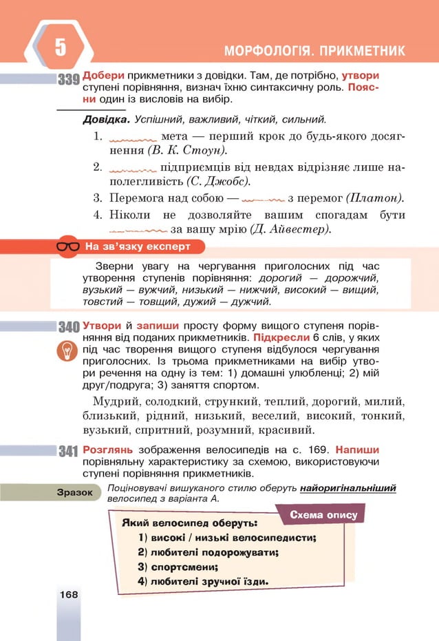МОРФОЛОГІЯ. ПРИКМЕТНИК
3 3 9 Добери прикметники з довідки. Там, де потрібно, утвори
ступені порівняння, визнач їхню синтаксичну роль. Пояс­
ни один із висловів на вибір.
Д овідка. Успішний, важливий, чіткий, сильний.
мета — перш ий кр о к до будь-якого досяг­
нення (В. К . Стоун).
2 . підприєм ціввід невдах відрізняє лиш е на­
полегливість (С. Д ж обс).
3. Перемога над собою — — з перемог (П лат он).
4. Н іко л и не дозволяйте ваш им спогадам бути
за ваш у м рію (Д. Айвестер).
На зв ’язку експерт
Зверни увагу на чергування приголосних під час
утворення ступенів порівняння: дорогий — дорожчий,
вузький — вужчий, низький — нижчий, високий — вищий,
товстий — товщий, дужий —дужчий.
340 Утвори й запиш и просту форму вищого ступеня порів­
няння від поданих прикметників. Підкресли 6 слів, у яких
під час творення вищого ступеня відбулося чергування
приголосних. Із трьома прикметниками на вибір утво­
ри речення на одну із тем: 1) домашні улюбленці; 2) мій
друг/подруга; 3) заняття спортом.
М удрий, солодкий, стрункий, теплий, дорогий, милий,
близький, рідний, низький, веселий, високий, тонкий,
вузький, спритний, розумний, красивий.
341 Розглянь зображення велосипедів на с. 169. Напиши
порівняльну характеристику за схемою, використовуючи
ступені порівняння прикметників.
Поціновувачі вишуканого стилю оберуть найоригінальніш ий
велосипед з варіанта А.
1
Схема опису
Зразок
Який велосипед оберуть:
1 ) високі / низькі велосипедисти;
2 ) любителі подорожувати;
3) спортсмени;
4) любителі зручної їзди. _______
168
 