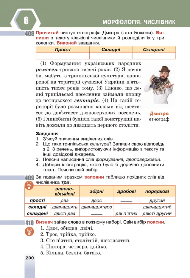 МОРФОЛОГІЯ. ЧИСЛІВНИК
4 0 8 Прочитай виступ етнографа Дмитра (тата Божени). Ви­
пиши з тексту кількісні числівники й розподіли їх у три
колонки. Виконай завдання.
Прості Складні Складені
(1) Формування українських народних
ремесел тривало тисячі років. (2) Я почав
би, мабуть, з трипільської культури, поши­
реної на території сучасної України п’ять—
шість тисяч років тому. (3) Цікаво, що де­
які трипільські поселення займали площу
до чотирьохсот гектарів. (4) На такій те­
риторії було розміщено колами від шести­
сот до дев’ятисот двоповерхових поселень.
(5) Глинобитні будівлі такої конструкції на­
віть дожили до двадцять першого століття.
Дмитро
етнограф
Завдання
1. З’ясуй значення виділених слів.
2. Щ
о таке трипільська культура? Запиши свою відповідь
з 2-3 речень, використовуючи інформацію з тексту та
інш
і довідкові джерела.
3. Поясни написання слів формування, двоповерховий.
4. Добери ілюстрацію, якою було б доречно доповнити
текст. Поясни свій вибір.
4 0 9 За поданим зразком заповни таблицю похідних слів від
власне-
кількісні
збірні дробові порядкові
прості два двоє другий
складні дванадцять дванадцятеро дванадцятий
складені двісті два дві п ’ятих двісті другий
410 Визнач зайве слово в кожному наборі. Свій вибір поясни.
1. Двоє, обидва, двічі.
2. Троє, трійка, трійко.
3. Сто п’ятий, столітній, шестисотий.
4. Півтора, четверо, двійко.
5. Кілька, безліч, багато.
200
 