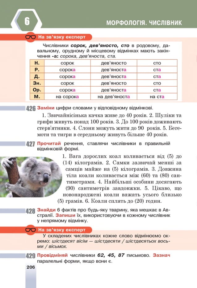 МОРФОЛОГІЯ. ЧИСЛІВНИК
Числівники сорок, д е в ’яносто, сто в родовому, да­
вальному, орудному й місцевому відмінках мають закін­
чення -а: сорока, дев’яноста, ста.
Н. сорок дев’яносто сто
Р. сорока дев’яноста ста
д . сорока дев’яноста ста
Зн. сорок дев’яносто сто
Ор. сорока дев’яноста ста
М. на сорока на дев’яноста на ста
426 Заміни цифри словами у відповідному відмінкові.
1. Звичайнісінька качка живе до 40 років. 2. Шуліки та
грифи живуть понад 100 років. 3. До 100 років доживають
стерв’ятники. 4. Слони можуть жити до 90 років. 5. Беге­
моти та тигри в середньому живуть більше 40 років.
427 Прочитай речення, ставлячи числівники в правильній
відмінковій формі.
1. Вага дорослих коал коливається від (5) до
(14) кілограмів. 2. Самки зазвичай менші за
^ самців майже на (5) кілограмів. 3. Довжина
^ тіла коали коливається між (60) та (80) сан-
Щ тиметрами. 4. Найбільші особини досягають
* (90) сантиметрів завдовжки. 5. Цікаво, що
новонароджені коали важать усього близько
(5) грамів. 6. Коали сплять до (20) годин.
428 Знайди 6 фактів про будь-яку тварину, яка мешкає в Ав­
стралії. Запиш и їх, використовуючи в кожному числівник
у непрямому відмінку.
На зв ’язку експерт
У складених числівниках кожне слово відмінюємо ок­
ремо: шістдесят вісім — шістдесяти / шістдесятьох вось­
ми / вісьмох.
42 9 Провідміняй числівники 62, 45, 8 7 письмово. Зазнач
паралельні форми, якщо вони є.
206
 
