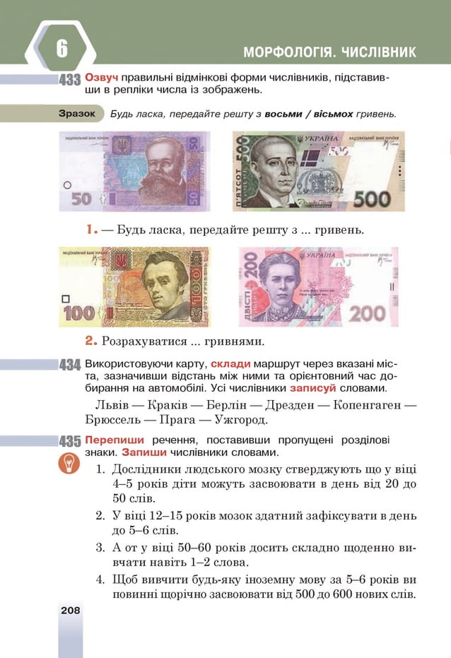 МОРФОЛОПЯ. ЧИСЛІВНИК
4 3 3 Озвуч правильні відмінкові форми числівників, підставив­
ши в репліки числа із зображень.
Зразок Будь ласка, передайте решту з восьм и / вісьм ох гривень.
1. — Будь ласка, передайте решту з... гривень.
2 . Розрахуватися ... гривнями.
434 Використовуючи карту, склади маршрут через вказані міс­
та, зазначивши відстань між ними та орієнтовний час до­
бирання на автомобілі. Усі числівники записуй словами.
Львів — Краків — Берлін — Дрезден — Копенгаген —
Брюссель — Прага — Ужгород.
43 5 Перепиши речення, поставивши пропущені розділові
знаки. Запиши числівники словами.
1. Дослідники людського мозку стверджують що у віці
4—
5 років діти можуть засвоювати в день від 20 до
50 слів.
2. У віці 12—
15 років мозок здатний зафіксувати в день
до 5-6 слів.
3. А от у віці 50—
60 років досить складно щоденно ви­
вчати навіть 1—
2 слова.
4. Щоб вивчити будь-яку іноземну мову за 5—
6 років ви
повинні щорічно засвоювати від 500 до 600 нових слів.
208
 