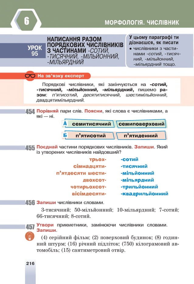 МОРФОЛОГІЯ. ЧИСЛІВНИК
НАПИСАННЯ РАЗО М
П О РЯ ДКО ВИ Х Ч И С ЛІВ Н И КІВ
З ЧАСТИНАМ И -СОТИЙ,
-ТИСЯЧНИЙ, -МІЛЬЙОННИЙ,
-МІЛЬЯРДНИЙ
УРО К
95
У цьому параграфі ти
дізнаєшся, як писати
• числівники з части­
нами -сотий, -тисяч­
ний, -мільйонний,
-мільярдний тощо.
На зв’язку експерт
Порядкові числівники, які закінчуються на -сотий,
-тисячний, -мільйонний, -мільярдний, пишемо ра­
зом: п ’ятисотий, десятитисячний, шестимільйонний,
двадцятимільярдний.
45 4 Порівняй пари слів. Поясни, які слова є числівниками, а
які — ні.
_|=
А сем итисячний  ^семиповерховий
Б
1
_ п’ятисотий   п’ятиденний |
455 Поєднай частини порядкових числівників. Запиши. Який
із утворених числівників найдовший?
456
трьох-
сім надцяти-
п’ятдесяти ш ести-
двохсот-
чотирьохсот-
вісім десяти-
Запиши числівники словами.
3-тисячний; 50-мільйонний;
66-тисячний; 8-сотий.
-сотим
-тисячний
-мільйонний
-мільярдний
-трильйонний
-квадрильйонний
10-мільярдний; 7-сотий;
457
І
Утвори прикметники, замінюючи числівники словами.
Запиши.
(4) серійний фільм; (2) поверховий будинок; (8) годин­
ний штурм; (16) річний підліток; (750) кілограмовий ав­
томобіль; (15) сантиметровий отвір.
216
 