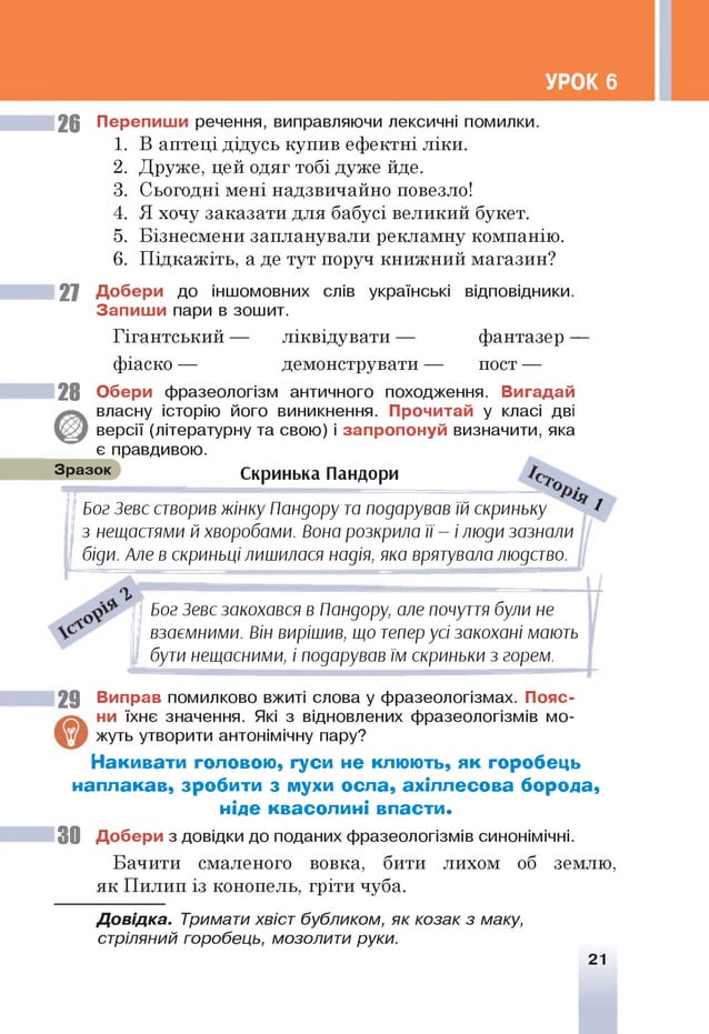 УРОК 6
26 Перепиши речення, виправляючи лексичні помилки.
1. В аптеці дідусь купив ефектні ліки.
2. Друже, цей одяг тобі дуже йде.
3. Сьогодні мені надзвичайно повезло!
4. Я хочу заказати для бабусі великий букет.
5. Бізнесмени запланували рекламну компанію.
6. Підкажіть, а де тут поруч книжний магазин?
27 Добери до іншомовних слів українські відповідники.
Запиш и пари в зошит.
Гігантський — ліквідувати — фантазер —
фіаско — демонструвати — пост —
28 Обери фразеологізм античного походження. Вигадай
власну історію його виникнення. Прочитай у класі дві
версії (літературну та свою) і запропонуй визначити, яка
є правдивою.
Зразок Скринька Пандори
- ,
Бог Зевс створив жінку Пандору та подарував їй скриньку *
з нещастями й хворобами. Вона розкрила її - і люди зазнали
біди. Але в скриньці лишилася надія, яка врятувала людство.
Бог Зевс закохався в Пандору, але почуття були не
взаємними. Він вирішив, що тепер усі закохані мають
бути нещасними, і подарував їм скриньки з горем.
29 Виправ помилково вжиті слова у фразеологізмах. Пояс­
ни їхнє значення. Які з відновлених фразеологізмів мо­
жуть утворити антонімічну пару?
Накивати головою, гуси не клюють, як горобець
наплакав, зробити з мухи осла, ахіллесова борода,
ніде квасолині впасти.
30 Добери з довідки до поданих фразеологізмів синонімічні.
Бачити смаленого вовка, бити лихом об землю,
як Пилип із конопель, гріти чуба.
Д овідка. Тримати хвіст бубликом, як козак з маку,
стріляний горобець, мозолити руки.
21
 