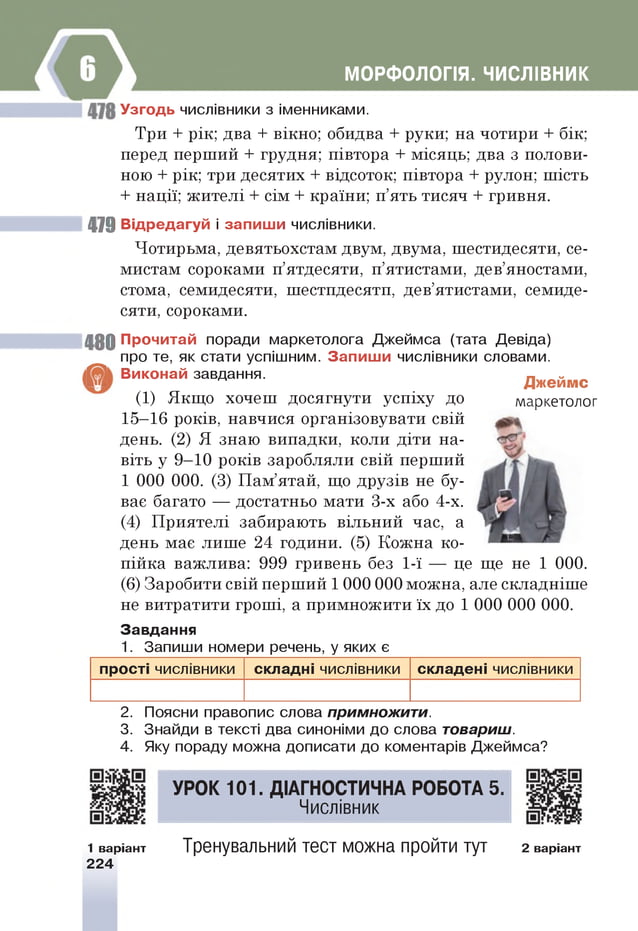 479
480
ш
МОРФОЛОПЯ. ЧИСЛІВНИК
Узгодь числівники з іменниками.
Три + рік; два + вікно; обидва + руки; на чотири + бік;
перед перший + грудня; півтора + місяць; два з полови­
ною + рік; три десятих + відсоток; півтора + рулон; шість
+ нації; жителі + сім + країни; п’ять тисяч + гривня.
Відредагуй і запиши числівники.
Чотирьма, девятьохстам двум, двума, шестпдесятп, се­
мистам сороками п’ятдесяти, п’ятистами, дев’яностамп,
стома, семидесяти, шестпдесятп, дев’ятпстамп, семпде-
сятп, сороками.
Прочитай поради маркетолога Джеймса (тата Девіда)
про те, як стати успішним. Запиши числівники словами.
Виконай завдання.
(1) Якщо хочеш досягнути успіху до
15—
16 років, навчися організовувати свій
день. (2) Я знаю випадки, коли діти на­
віть у 9—
10 років заробляли свій перший
1 000 000. (3) Пам’ятай, що друзів не бу­
ває багато — достатньо мати 3-х або 4-х.
(4) Приятелі забирають вільний час, а
день має лише 24 години. (5) Кожна ко­
пійка важлива: 999 гривень без 1-ї — це ще не 1 000.
(6) Заробити свій перший 1 000 000 можна, але складніше
не витратити гроші, а примножити їх до 1 000 000 000.
Завдання
1. Запиши номери речень, у яких є
Джеймс
маркетолог
прості числівники складні числівники складені числівники
2. Поясни правопис слова примножити.
3. Знайди в тексті два синоніми до слова товариш.
4. Яку пораду можна дописати до коментарів Джеймса?
УРО К 101. А Г Н О С Т И Ч Н А РОБОТА 5.
Числівник
1 варіант Тренувальний тест можна пройти тут 2 варіант
2 24
 