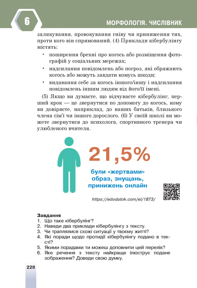 МОРФОЛОГІЯ. ЧИСЛІВНИК
залякування, провокування гніву чи приниження тих,
проти кого він спрямований. (4) Приклади кібербулінгу
містять:
• поширення брехні про когось або розміщення фото­
графій у соціальних мережах;
• надсилання повідомлень або погроз, які ображають
когось або можуть завдати комусь шкоди;
• видавання себе за когось іншого/іншу і надсилання
повідомлень іншим людям від його/її імені.
(5) Якщо ви думаєте, що відчуваєте кібербулінг, пер­
ший крок — це звернутися по допомогу до когось, кому
ви довіряєте, наприклад, до ваших батьків, близького
члена сім’ї чи іншого дорослого. (6) У своїй школі ви мо­
жете звернутися до психолога, спортивного тренера чи
улюбленого вчителя.
21,5%
були «жертвами»
образ, знущань,
принижень онлайн
М ір з://е іїо іїа іо к.со т /е і/1 в7 3 /
Завдання
1. Щ
о таке кібербулінг?
2. Наведи два приклади кібербулінгу з тексту.
3. Ч
и траплялися схожі ситуації у твоєму житті?
4. Я
кі поради щодо протидії кібербулінгу подано в тек­
сті?
5. Якими порадами ти можеш доповнити цей перелік?
6. Яке речення з тексту найкраще ілюструє подане
зображення? Доведи свою думку.
228
 