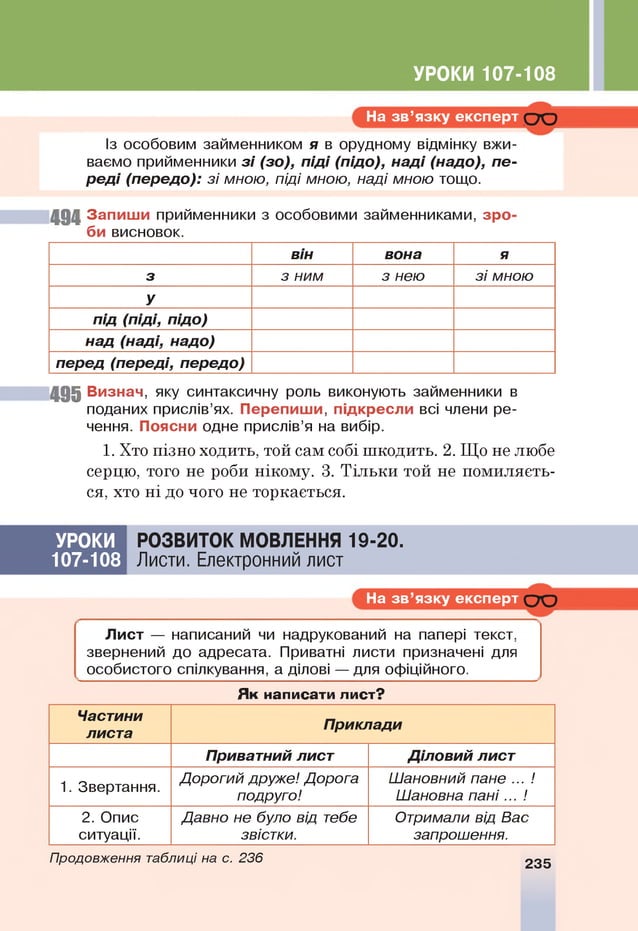 УРОКИ 107-108
На з в ’я зку е кс п е р т О О
Із особовим займенником я в орудному відмінку вжи­
ваємо прийменники зі (зо), піді (підо), наді (надо), пе-
реді (передо): зі мною, піді мною, наді мною тощо.
494 З а п и ш и прийменники з особовими займенниками, зр о
би висновок.
він вона я
з з ним з нею зі мною
у
під (піді, підо)
над (наді, надо)
перед (переді, передо)
4 9 5 В и зн а ч , яку синтаксичну роль виконують займенники в
поданих прислів’ях. П е р е п и ш и , п ід кр есл и всі члени ре­
чення. П оясни одне прислів’я на вибір.
1. Хто пізно ходить, той сам собі шкодить. 2. Що не любе
серцю, того не роби нікому. 3. Тільки той не помиляєть­
ся, хто ні до чого не торкається.
УРОКИ
107-108
РОЗВИТОК МОВЛЕННЯ 19-20.
Листи. Електронний лист
На з в ’я зку е кс п е р т О О
Л и с т — написаний чи надрукований на папері текст,
звернений до адресата. Приватні листи призначені для
особистого спілкування, а ділові — для офіційного.
Як написати лист?
Частини
листа
Приклади
Приватний лист Діловий лист
1. Звертання.
Дорогий друже! Дорога
подруго!
Шановний пане ... !
Шановна п а н і... !
2. Опис
ситуації.
Давно не було від тебе
звістки.
Отримали від Вас
запрошення.
Продовження таблиці на с. 236 235
 