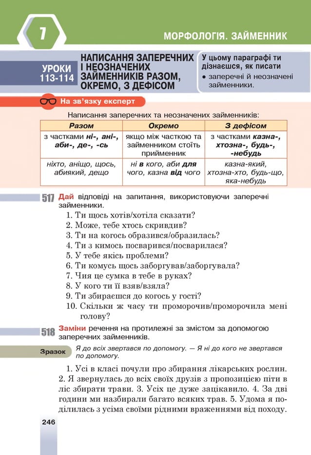 МОРФОЛОГІЯ. ЗАЙМЕННИК
УРОКИ
113-114
НАПИСАННЯ ЗАПЕРЕЧНИХ
І НЕОЗНАЧЕНИХ
ЗАЙМЕННИКІВ РАЗОМ,
ОКРЕМО, З ДЕФІСОМ
У цьому параграфі ти
дізнаєшся, як писати
• заперечні й неозначені
займенники.
о о На з в ’я зку е к с п е р т "і
Написання заперечних та неозначених займенників:
Разом Окремо 3 деф ісом
з частками ні-, ані-,
аби-, д е -, -сь
якщо між часткою та
займенником стоїть
прийменник
з частками казна-,
хтозна-, будь-,
-небудь
ніхто, аніщо, щось,
абиякий, дещо
ні в кого, аби для
чого, казна від чого
казна-який,
хтозна-хто, будь-що,
яка-небудь
517 Д а й відповіді на запитання, використовуючи заперечні
займенники.
1. Ти щось хотів/хотіла сказати?
2. Може, тебе хтось скривдив?
3. Ти на когось образився/образилась?
4. Ти з кимось посварився/посварилася?
5. У тебе якісь проблеми?
6. Ти комусь щось заборгував/заборгувала?
7. Чия це сумка в тебе в руках?
8. У кого ти її взяв/взяла?
9. Ти збираєшся до когось у гості?
10. Скільки ж часу ти проморочив/проморочила мені
голову?
518 З а м ін и речення на протилежні за змістом за допомогою
заперечних займенників.
З р Я до всіх звертався по допомогу. — Я ні до кого не звертався
р по допомогу.
1.Усі в класі почули про збирання лікарських рослин.
2. Я звернулась до всіх своїх друзів з пропозицією піти в
ліс збирати трави. 3. Усіх це дуже зацікавило. 4. За дві
години ми назбирали багато всяких трав. 5. Удома я по­
ділилась з усіма своїми рідними враженнями від походу.
246
 