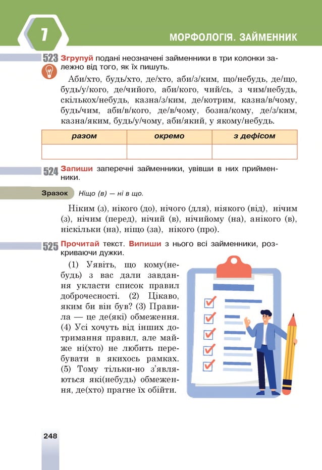 МОРФОЛОГІЯ. ЗАЙМЕННИК
523 З гр уп уй подані неозначені займенники в три колонки за­
лежно від того, як їх пишуть.
Аби/хто, будь/хто, де/хто, аби/з/ким, що/небудь, де/що,
будь/у/кого, де/чийого, аби/кого, чий/сь, з чим/небудь,
скількох/небудь, казна/з/ким, де/котрим, казна/в/чому,
будь/чим, аби/в/кого, де/в/чому, бозна/кому, де/з/ким,
казна/яким, будь/у/чому, аби/який, у якому/небудь.
разом окремо з дефісом
5 2 4 З а п и ш и заперечні займенники, увівши в них приймен­
ники.
Зразок Ніщо (в) — ні в що.
Ніким (з), нікого (до), нічого (для), ніякого (від), нічим
(3), нічим (перед), нічий (в), нічийому (на), анікого (в),
ніскільки (на), ніщо (за), нікого (про).
525 П рочитай текст. В ипиш и з нього всі займенники, роз­
криваючи дужки.
(1) Уявіть, що кому(не-
будь) з вас дали завдан­
ня укласти список правил
доброчесності. (2) Цікаво,
яким би він був? (3) Прави­
ла — це де(які) обмеження.
(4) Усі хочуть від інших до­
тримання правил, але май­
же ні(хто) не любить пере­
бувати в якихось рамках.
(5) Тому тільки-но з’явля­
ються які(небудь) обмежен­
ня, де(хто) прагне їх обійти.
- -
248
 