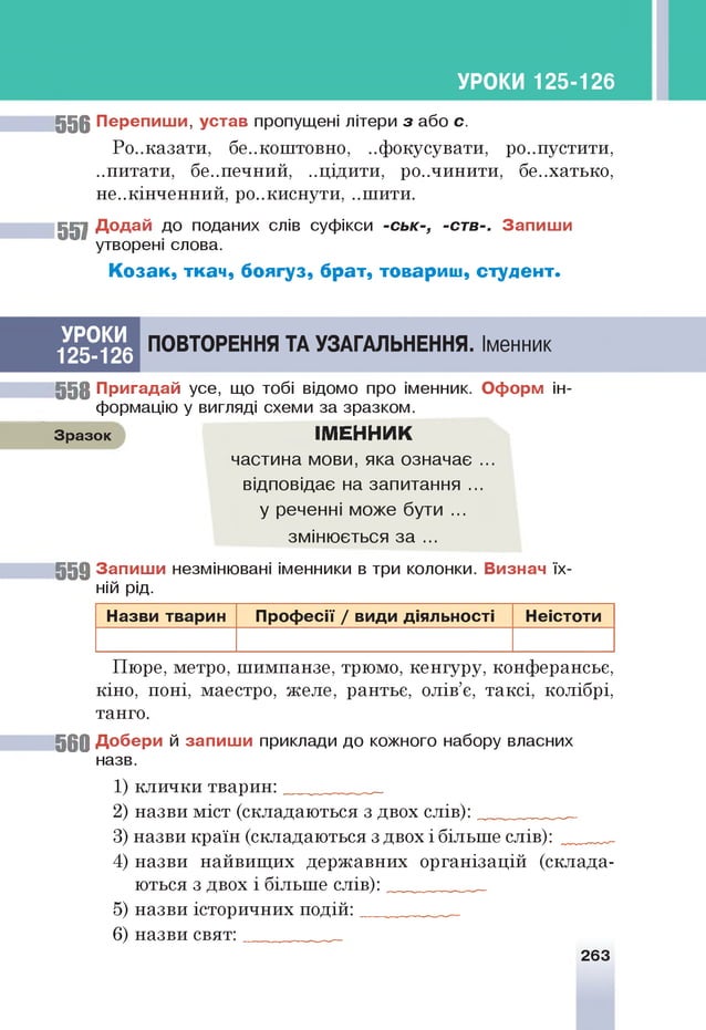 УРОКИ 125-126
5 5 6 П е р е п и ш и , устав пропущені літери з або с .
Розказати, безкоштовно, ..фокусувати, ро..пустити,
..питати, безпечний, ..цідити, ро..чинити, бе..хатько,
не..кінченний, ро..киснути, ..шити.
557 Д о д а й до поданих слів суфікси -ськ-, -ств-. З а п и ш и
утворені слова.
К о з а к , тка ч , боягуз, б р ат, товариш , студ ент.
УРОКИ
125-126
ПОВТОРЕННЯ ТА УЗАГАЛЬНЕННЯ. Іменник
5 5 8 П р и гад ай усе, що тобі відомо про іменник. О ф орм ін­
формацію у вигляді схеми за зразком.
Зразок ІМ Е Н Н И К
частина мови, яка означає ...
відповідає на запитання ...
у реченні може бути ...
змінюється за ...
5 5 9 З а п и ш и незмінювані іменники в три колонки. В изнач їх­
ній рід.
Н азви тварин П р о ф есії / види діяльності Н еістоти
Пюре, метро, шимпанзе, трюмо, кенгуру, конферансьє,
кіно, поні, маестро, желе, рантьє, олів’є, таксі, колібрі,
танго.
5 6 0 Д о б е р и й за п и ш и приклади до кожного набору власних
назв.
1) клички тварин: __________
2) назви міст (складаються з двох слів):___________ _
3) назви країн (складаються з двох і більше слів): ____
4) назви найвищих державних організацій (склада­
ються з двох і більше слів):___________ _
5) назви історичних подій: _________
6) назви с в я т : _________
263
 