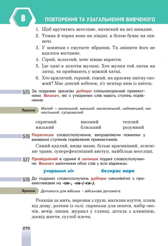ПОВТОРЕННЯ ТА УЗАГАЛЬНЕННЯ ВИВЧЕНОГО
1. Щоб крутитись веселіше, натискай на неї швидше.
2. Темна й чорна вона на півдні, а білою буває на пів­
ночі.
3. У конячки є смугасте вбрання. Та змінити його не
вдалося востаннє.
4. Сірий, ікластий, хоче вівцю вкрасти.
5. їде пані в золотім жупані. Хоч жупан той латка на
латці, та приймають у кожній хатці.
6. Хто крилатий, гарний, гожий, на красиву квітку схо­
жий? Має довгий хоботок, п’є нектар ним із квіток.
За поданим зразком д о б е р и спільнокореневі прикмет­
ники. В и зн а ч , які з утворених слів мають ступінь порів­
няння.
З р Малий — маленький, менший, малесенький, найменший, ма­
р нюсінький, супермалий.
спритний високий теплий
низький близький розумний
576 П ер е п и ш и словосполучення, виправляючи помилки у
вживанні ступенів порівняння прикметників.
Самий вдалий, вища мами, більш красивіший, зелені­
ше трави, суперефектніший виступ, найбільш веселіші.
577 П ровідм іняй в однині й за п и ш и подані словосполучен­
ня. В изнач закінчення обох слів у всіх відмінках.
учораш ня ніч б е з к р а є м оре
578 До поданих словосполучень д о б е р и синонімічні з при­
кметниками на -ов-, -ев-(-єв-).
Зразок Допомога для війська - військова допомога.
Реакція за мить, варення з груш, магазин взуття, плащ
від дощу, розчин із солі, скринька для пошти, набір ово­
чів, вечір липня, журнал у глянці, деталь з алюмінію,
досвід життя, суглоб плеча.
270
 