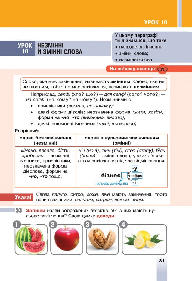 УРОК 10
УРОК НЕЗМІННІ
10 Й ЗМІННІ СЛОВА
У цьому параграфі
ти дізнаєшся, що таке
• нульове закінчення;
• змінні слова;
• незмінні слова.
На зв ’язку експерт О О
' 
Слово, яке має закінчення, називають змінним. Слово, яке не
змінюється, тобто не має закінчення, називають незмінним.
Наприклад, селфі (хто? щ о ? )—для селфі (кого? чого?) —
на селфі (на кому? на чому?). Незмінними є
► прислівники (весело, по-новому);
► деякі форми дієслів: неозначена форма (жити, хотіти),
форми на -но, -то (виконано, вилито);
► деякі іншомовні іменники (таксі, шимпанзе).
Розрізняй:
слова без закінчення
(незмінні)
слова з нульовим закінченням
(змінні)
кімоно, весело, бігти,
зроблено — незмінні
іменники, прислівники,
неозначена форма
дієслова, форми на
-но, -то тощо.
ніч (ночі), тінь (тіні), ст
е
(болю) — змінні слова,
ється закінчення під час
б ізн е с <­
нульове закінчення
п (степу), біль
у яких з ’явля-
відмінювання.
-у
-ом
•
-і
5 3 Запиш и назви зображених об’єктів. Які з них мають ну­
льове закінчення? Свою думку доведи.
у Ч / V,
&
У Ч
31
 