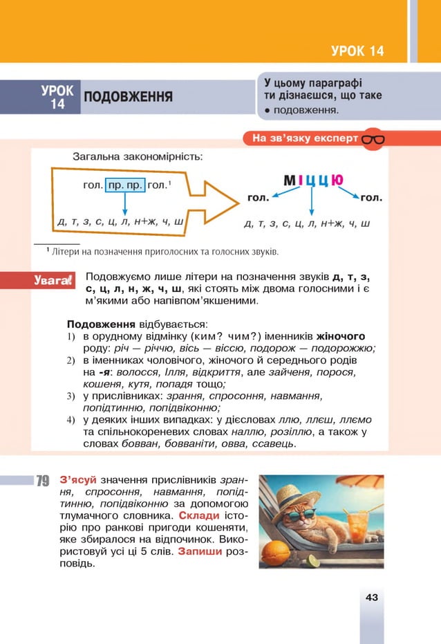 УРОК 14
1Літери на позначення приголосних та голосних звуків.
і! Подовжуємо лише літери на позначення звуків д, т, з,
с, ц, л, н, ж, ч, ш, які стоять між двома голосними і є
м’якими або напівпом’якшеними.
Подовження відбувається:
1) в орудному відмінку (ким? чим?) іменників жіночого
роду: річ — річчю, вісь — віссю, подорож — подорожжю;
2) в іменниках чоловічого, жіночого й середнього родів
на -я: волосся, Ілля, відкриття, але зайченя, порося,
кошеня, кутя, попадя тощо;
3) у прислівниках: зрання, спросоння, навмання,
попідтинню, попідвіконню;
4) у деяких інших випадках: у дієсловах ллю, ллєш, ллємо
та спільнокореневих словах наллю, розіллю, а також у
словах бовван, бовваніти, овва, ссавець.
79 З ’ясуй значення прислівників зран­
ня, спросоння, навмання, попід­
тинню, попідвіконню за допомогою
тлумачного словника. Склади істо­
рію про ранкові пригоди кошеняти,
яке збиралося на відпочинок. Вико­
ристовуй усі ці 5 слів. Запиш и роз­
повідь.
43
 