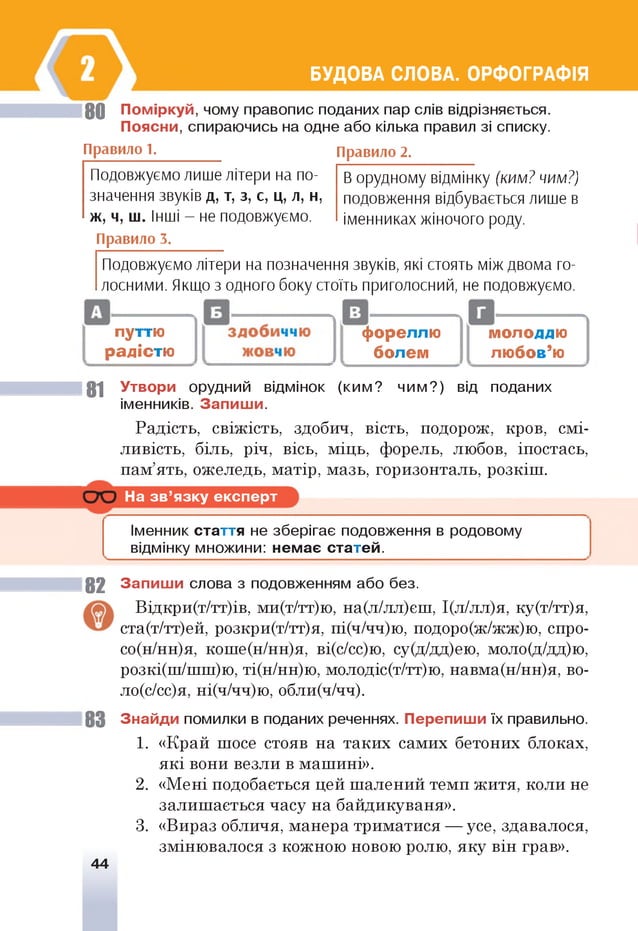 БУДОВА СЛОВА. ОРФОГРАФІЯ
80 Поміркуй, чому правопис поданих пар слів відрізняється.
Поясни, спираючись на одне або кілька правил зі списку.
Правило 1. Правило 2.
Подовжуємо лише літери на по­
значення звуків д, т, з, с, ц, л, н,
ж , ч, ш. Інші - не подовжуємо.
Правило 3.
В орудному відмінку (ким? чим?)
подовження відбувається лише в
іменниках жіночого роду.
Подовжуємо літери на позначення звуків, які стоять між двома го­
лосними. Якщо з одного боку стоїть приголосний, не подовжуємо.
путтю
радістю
фореллю
болем
молоддю
любов’ю
81 Утвори орудний відмінок (ким?
іменників. Запиш и.
чим?) від поданих
Радість, свіжість, здобич, вість, подорож, кров, смі­
ливість, біль, річ, вісь, міць, форель, любов, іпостась,
пам’ять, ожеледь, матір, мазь, горизонталь, розкіш.
На зв ’язку експерт
Іменник стаття не зберігає подовження в родовому
відмінку множини: немає статей.
82
83
44
Запиш и слова з подовженням або без.
Відкри(т/тт)ів, ми(т/тт)ю, на(л/лл)єш, І(л/лл)я, ку(т/тт)я,
ста(т/тт)ей, розкри(т/тт)я, пі(ч/чч)ю, подоро(ж/жж)ю, спро-
со(н/нн)я, коше(н/нн)я, ві(с/сс)ю, су(д/дд)ею, моло(д/дд)ю,
розкі(ш/шш)ю, ті(н/нн)ю, молодіс(т/тт)ю, навма(н/нн)я, во-
ло(с/сс)я, ні(ч/чч)ю, обли(ч/чч).
Знайди помилки в поданих реченнях. Перепиши їх правильно.
1. «Край шосе стояв на таких самих бетоних блоках,
які вони везли в машині».
2. «Мені подобається цей шалений темп житя, коли не
залишається часу на байдикуваня».
3. «Вираз обличя, манера триматися — усе, здавалося,
змінювалося з кожною новою ролю, яку він грав».
 