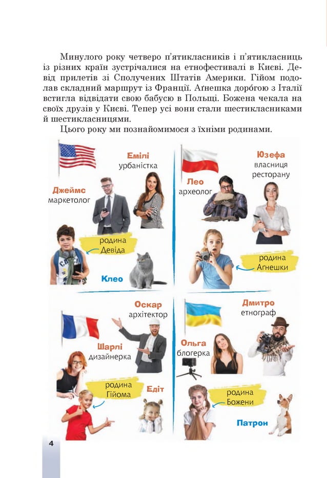 Минулого року четверо п’ятикласників і п’ятикласниць
із різних країн зустрічалися на етнофестивалі в Києві. Де-
від прилетів зі Сполучених Штатів Америки. Гійом подо­
лав складний маршрут із Франції. Аґнешка дорогою з Італії
встигла відвідати свою бабусю в Польщі. Вожена чекала на
своїх друзів у Києві. Тепер усі вони стали шестикласниками
й шестикласницями.
Цього року ми познайомимося з їхніми родинами.
Емілі
урбаністка
Джеймс
маркетолог
Шарлі
дизайнерка
родина
Гійома
Едіт
Лео
археолог
О скар
архітектор
Ольга
блогерка
Юзефа
власниця
ресторану
родина
Аґнешки
Дмитро
етнограф
родина
Божени
Патрон
¥
ЛА
 