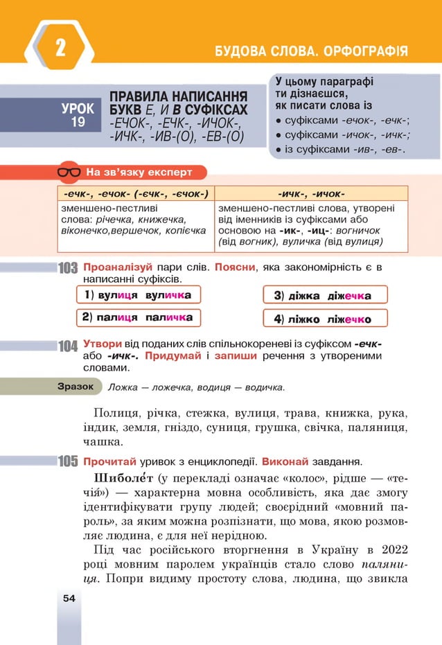БУДОВА СЛОВА. ОРФОГРАФІЯ
У цьому параграфі
УРОК
19
ПРАВИЛА НАПИСАННЯ
БУКВ Е, И В СУФІКСАХ
-ЕЧ0К-, -ЕЧК-, -И Ч0К-,
-ИЧК-, -И В -(0), -Е В -(0 )
ти дізнаєшся,
як писати слова із
• суфіксами -ечок-, -ечк-;
• суфіксами -ичок-, -ичк-;
• із суфіксами -ив-, -ев-.
На зв ’язку експерт
-е ч к -, -е ч о к- (-є ч к -, -є ч о к -) -и ч к -, -и ч о к -
зменшено-пестливі
слова: річечка, книжечка,
віконечко,вершечок, копієчка
зменшено-пестливі слова, утворені
від іменників із суфіксами або
основою на -и к-, -иц-: вогничок
(від вогник), вуличка (від вулиця)
103 Проаналізуй пари слів. Поясни, яка закономірність є в
написанні суфіксів.
1 ) вулиця вуличка
2) палиця паличка
3) діжка діжечка
4) ліжко ліжечко
104 Утвори від поданих слів спільнокореневі із суфіксом -ечк-
або -ичк-. Придумай і запиш и речення з утвореними
словами.
Зразок Ложка — ложечка, водиця — водичка.
Полиця, річка, стежка, вулиця, трава, книжка, рука,
індик, земля, гніздо, суниця, грушка, свічка, паляниця,
чашка.
105 Прочитай уривок з енциклопедії. Виконай завдання.
Ш и бол ет (у перекладі означає «колос», рідше — «те­
чія») — характерна мовна особливість, яка дає змогу
ідентифікувати групу людей; своєрідний «мовний па­
роль», за яким можна розпізнати, що мова, якою розмов­
ляє людина, є для неї нерідною.
Під час російського вторгнення в Україну в 2022
році мовним паролем українців стало слово па л я н и ­
ця. Попри видиму простоту слова, людина, що звикла
54
 