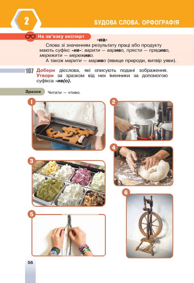 БУДОВА СЛОВА. ОРФОГРАФІЯ
Слова зі значенням результату праці або продукту
мають суфікс -ив-. варити — вариво, прясти — прядиво,
мережити — мереживо.
А також марити — мариво (явище природи, витвір уяви).
107 Добери дієслова, які описують подані зображення.
Утвори за зразком від них іменники за допомогою
суфікса -ив(о).
Зразок Читати — чтиво.
56
 