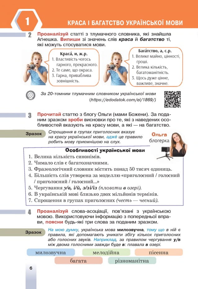 2
КРАСА І БАГАТСТВО УКРАЇНСЬКОЇ МОВИ
Проаналізуй статті з тлумачного словника, які знайшла
Аґнешка. Випиши зі значень слів краса й багатство ті,
які можуть стосуватися мови.
Краса, и, ж.р.
1. Властивість чогось
гарного, прекрасного.
2. Те саме, що окраса.
3. Гарна, приваблива
зовнішність.
Багатство, а, с.р.
1. Велике майно, цінності,
гроші.
2. Велика кількість,
багатоманітність.
3. Щось дуже цінне,
важливе, значне.
За 20-томним тлумачним словником української мови
(Ь іірз://едодаіок.сот /еі/1869/)
3 Прочитай статтю з блогу Ольги (мами Божени). За пода­
ним зразком зроби висновки про те, які з наведених осо­
бливостей вказують на красу мови, а які — на багатство.
Спрощення в групах приголосних вказує - ^
на красу української мови, адже це правило
робить мову приємнішою на слух. блогерка
Зразок
Особливості української мови
1. Велика кількість синонімів.
2. Чимало слів є багатозначними.
3. Фразеологічний словник містить понад 50 тисяч одиниць.
4. Більшість слів утворена за моделлю «приголосний / голосний
/ приголосний / голосний...»
5. Чергування у/в, і/й, з/зі/із (плавати в озері).
6. В українській мові близько двох мільйонів термінів.
7. Спрощення в групах приголосних (честь — чесний).
4 Проаналізуй слова-асоціації, пов’язані з українською
мовою. Використовуючи інформацію з попередньої впра­
ви, поясни будь-які три слова за поданим зразком.
Зразок
На мою думку, українська мова милозвучна, тому що в ній є
правила, які допомагають уникати збігу кількох приголосних
або голосних звуків. Наприклад, за правилом чергування у /в
між двома голосними завжди буде в: плавала в озері.
милозвучна 1 мелодійна пісенна
багата різноманітна
6
 