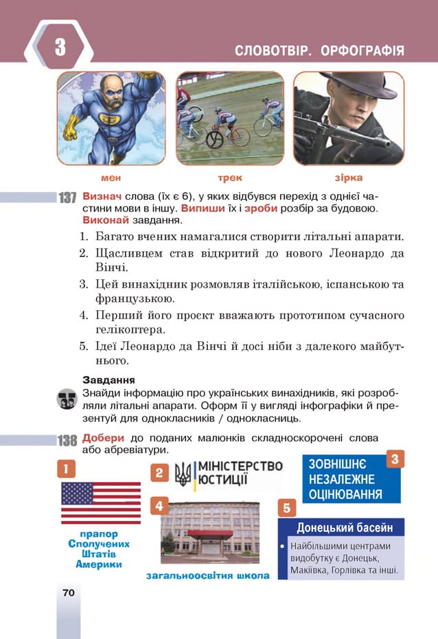 СЛОВОТВІР. ОРФОГРАФІЯ
мен трек зірка
137 Визнач слова (їх є 6), у яких відбувся перехід з однієї ча­
стини мови в іншу. Випиши їх і зроби розбір за будовою.
Виконай завдання.
1. Багато вчених намагалися створити літальні апарати.
2. Щасливцем став відкритий до нового Леонардо да
Вінчі.
3. Цей винахідник розмовляв італійською, іспанською та
французькою.
4. Перший його проект вважають прототипом сучасного
гелікоптера.
5. Ідеї Леонардо да Вінчі й досі ніби з далекого майбут­
нього.
Завдання
Знайди інформацію про українських винахідників, які розроб­
ляли літальні апарати. Оформ її у вигляді інфографіки й пре­
зентуй для однокласників / однокласниць.
138 Добери до поданих малюнків складноскорочені слова
або абревіатури.
прапор
Сполучених
Штатів
Америки
загальноосвітня школа
ЗОВНІШНЄ
НЕЗАЛЕЖНЕ
ОЦІНЮВАННЯ
Донецький басейн
Найбільшими центрами
видобутку є Донецьк,
Макіївка, Горлівка та інші.
70
 