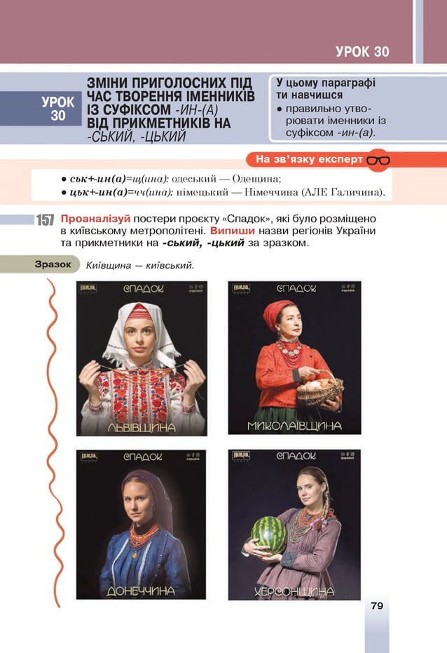 УРОК 30
УРО К
30
ЗМ ІН И ПРИГО ЛО СНИХ П ІД
ЧАС ТВОРЕННЯ ІМ ЕН Н И КІВ
ІЗ С У Ф ІКС О М -ИН-(А)
В ІД П Р И КМ Е ТН И КІВ НА
-СЬКИЙ, -ЦЬКИЙ
У цьому параграфі
ти навчишся
• правильно утво­
рювати іменники із
суфіксом -ин-(а).
1
г На зв ’язку експерт О О
• ськ+-ин(а)=щ(ина): одеський — Одещина;
• цьк+-ин(а)=чч(ина): німецький — Німеччина (АЛЕ Галичина).
157 Проаналізуй постери проекту «Спадок», які було розміщено
в київському метрополітені. Випиши назви регіонів України
та прикметники на -ський, -цький за зразком.
Зразок Київщина — київський.
СПАДОМ
МПкЮЛАЇВЩПНА
79
 