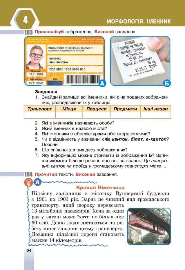 МОРФОЛОГІЯ. ІМЕННИК
183 Проаналізуй зображення. Виконай завдання.
Для пільгового проїзду
нгромадському транспорті
у»п«л«.ку!У5таЛсііу.сот
Служба підтримки: «38 (044) 366 55 55
Загальноосвітній навчальний заклад І-ІІІ
ступенів Скандинавська гімназія
Іваненко
Іван Іванович
1234 5678 1234 5678 910
15. 11.2019^
^ 15.11.2022
Завдання
1. Знайди й запиши всі іменники, які є на поданих зображен­
нях, розподіляючи їх у таблицю.
Транспорт М ісця Процеси Предмети Інш і назви
2. Які з іменників називають особу?
3. Який іменник є назвою міста?
4. Які іменники є абревіатурами або скороченнями?
5. Чи є відмінність у вживанні слів квиток, білет, е-квиток?
Поясни.
6 . Що спільного в цих двох зображеннях?
7. Яку інформацію можна отримати із зображення Б? Запи­
ши якомога більше речень про це, на зразок: Це паперо­
вий квиток на проїзд у громадському транспорті міста ...
184 Прочитай тексти. Виконай завдання.
Країна: Німеччина
Підвісну залізницю в містечку Вупперталі будували
з 1901 по 1903 рік. Зараз це чинний вид громадського
транспорту, який щороку перевозить
13 мільйонів пасажирів! Хоча за один
раз у вагоні може їхати не більш ніж
60 осіб. Деякі люди дістаються на ро­
боту лише завдяки цьому транспорту.
Довжина підвісної дороги становить
імайже 14 кілометрів.
94
 