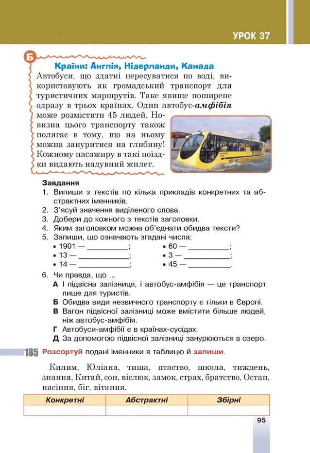 УРОК 37
Країни: Англія, Нідерланди, Канада
Автобуси, що здатні пересуватися по воді, ви­
користовують як громадський транспорт для
туристичних маршрутів. Таке явище поширене
одразу в трьох країнах. Один автобус-амфібія
може розмістити 45 людей. Но­
визна цього транспорту також
полягає в тому, що на ньому
можна зануритися на глибину!
Кожному пасажиру в такі поїзд­
ки видають надувний жилет.
Завдання
1. Випиши з текстів по кілька прикладів конкретних та аб­
страктних іменників.
2. З ’ясуй значення виділеного слова.
3. Добери до кожного з текстів заголовки.
4. Яким заголовком можна об’єднати обидва тексти?
5. Запиши, що означають згадані числа:
1901
13 —
14 —
60
3 —
45
6 . Чи правда, що ...
А І підвісна залізниця, і автобус-амфібія — це транспорт
лише для туристів.
Б Обидва види незвичного транспорту є тільки в Європі.
В Вагон підвісної залізниці може вмістити більше людей,
ніж автобус-амфібія.
Г Автобуси-амфібії є в країнах-сусідах.
Д За допомогою підвісної залізниці занурюються в озеро.
185 Розсортуй подані іменники в таблицю й запиш и.
Килим, Юліана, тиша, птаство, школа, тиждень,
знання, Китай, сон, віслюк, замок, страх, братство, Остап,
насіння, біг, вітання.
Конкретні Абстрактні Збірні
95
 