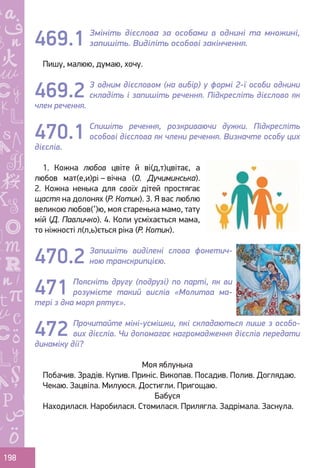 Ș
ă
ţ
198
Змініть дієслова за особами в однині та множині,
запишіть. Виділіть особові закінчення.
Пишу, малюю, думаю, хочу.
З одним дієсловом (на вибір) у формі 2-ї особи однини
складіть і запишіть речення. Підкресліть дієслово як
член речення.
Спишіть речення, розкриваючи дужки. Підкресліть
особові дієслова як члени речення. Визначте особу цих
дієслів.
1. Кожна любов цвіте й ві(д,т)цвітає, а
любов мат(е,и)рі – вічна (О. Дучиминська).
2. Кожна ненька для своїх дітей простягає
щастя на долонях (Р. Котик). 3. Я вас люблю
великою любов(’)ю, моя старенька мамо, тату
мій (Д. Павличко). 4. Коли усміхається мама,
то ніжності л(л,ь)ється ріка (Р. Котик).
Запишіть виділені слова фонетич-
ною транскрипцією.
Поясніть другу (подрузі) по парті, як ви
розумієте такий вислів «Молитва ма-
тері з дна моря рятує».
Прочитайте міні-усмішки, які складаються лише з особо-
вих дієслів. Чи допомагає нагромадження дієслів передати
динаміку дії?
Моя яблунька
Побачив. Зрадів. Купив. Приніс. Викопав. Посадив. Полив. Доглядаю.
Чекаю. Зацвіла. Милуюся. Достигли. Пригощаю.
Бабуся
Находилася. Наробилася. Стомилася. Прилягла. Задрімала. Заснула.
469.1
469.2
470.1
470.2
471
472
Право для безоплатного розміщення підручника в мережі Інтернет має
Міністерство освіти і науки України http://mon.gov.ua/ та Інститут модернізації змісту освіти https://imzo.gov.ua
 