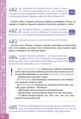 Ș
ă
ţ
202
Утворіть від поданих дієслів, якщо це мож-
ливо, дієслівні форми на -но, -то. З трьома із
утворених форм побудуйте речення, перекладіть речення
молдовською мовою, зберігши значення безособовості дії.
Сказати, збити, показати, виконати, привезти, розробити, посіяти, за-
твердити, створити, схвалити, написати, прочитати, відповісти, зігріти.
Які форми дієслова в молдовській мові за грама-
тичним змістом найближчі до українських форм
дієслів на -но, -то? Наведіть приклади в реченнях для порівняння.
Запишіть речення, визначте дієслова та їх форми.
Настала зима. Легенькі сніжинки, граційно кружляючи в блакитному
небі, тихо падають на землю. Наче тополиний пух, вони тулилися край
дороги, западаючи між корінням дерев.
Назвіть дієслова-присудки в записаних реченнях.
Знайдіть слова, що їх пояснюють та вказують на
додаткову дію. На які запитання відповідають ці слова? Яка
форма дієслова відповідає на ці ж питання?
Запишітьподаніформидієслівутриколонки:а)дієприкмет-
ники; б) дієприслівники; в) безособові форми на -но, -то. На
які запитання відповідають ці дієслівні форми? Що виражають?
482.1
482.2
483
484
Дієприслівником (Gerunziu) називається особлива незмінна фор-
ма дієслова, яка означає додаткову дію або стан основного дієсло-
ва-присудка. Відповідає на запитання що роблячи? що зробивши?
• Дієприслівник має такі ознаки:
а) від дієслова: вид (доконаний і недоконаний), час (теперіш-
ній і минулий), залежні слова.
б) від прислівника: незмінність, залежить від дієслова- при-
судка, роль в реченні – обставина.
• Вид дієприслівника залежить від виду дієслова.
• Дієприслівник незмінна форма, тому він не має закінчення.
• У суфіксах дієприслівників -учи, -ючи, -ачи, -ячи, -ши, -вши
завжди пишеться буква И!
485
Право для безоплатного розміщення підручника в мережі Інтернет має
Міністерство освіти і науки України http://mon.gov.ua/ та Інститут модернізації змісту освіти https://imzo.gov.ua
 
