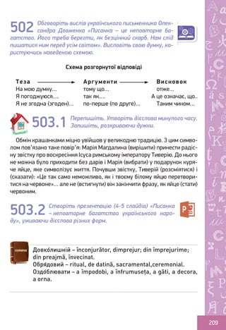 Ș
ă
ţ
209
Обговоріть вислів українського письменника Олек-
сандра Довженка «Писанка – це неповторне ба-
гатство. Його треба берегти, як безцінний скарб. Нам слід
пишатися ним перед усім світом». Висловіть свою думку, ко-
ристуючись наведеною схемою.
Схема розгорнутої відповіді
Теза			 Аргументи			 Висновок
На мою думку…		 тому що…			 отже…
Я погоджуюся….		 так як….		 А це означає, що..
Я не згодна (згоден)…	 по-перше (по друге)…	 Таким чином…
Перепишіть. Утворіть дієслова минулого часу.
Запишіть, розкриваючи дужки.
Обмін крашанками міцно увійшов у великодню традицію. З цим симво-
лом пов’язано таке повір’я: Марія Магдалина (вирішити) принести радіс-
ну звістку про воскресіння Ісуса римському імператору Тиверію. До нього
не можна було приходити без дарів і Марія (вибрати) у подарунок куря-
че яйце, яке символізує життя. Почувши звістку, Тиверій (розсміятися) і
(сказати): «Це так само неможливо, як і твоєму білому яйцю перетвори-
тися на червоне»… але не (встигнути) він закінчити фразу, як яйце (стати)
червоним.
Створіть презентацію (4-5 слайдів) «Писанка
– неповторне багатство українського наро-
ду», уживаючи дієслова різних форм.
502
503.1
Довко́лишній – înconjurător, dimprejur; din împrejurime;
din preajmă, învecinat.
Обря́довий – ritual, de datină, sacramental,ceremonial.
Оздо́блювати – a împodobi, a înfrumuseța, a găti, a decora,
a orna.
503.2
Право для безоплатного розміщення підручника в мережі Інтернет має
Міністерство освіти і науки України http://mon.gov.ua/ та Інститут модернізації змісту освіти https://imzo.gov.ua
 