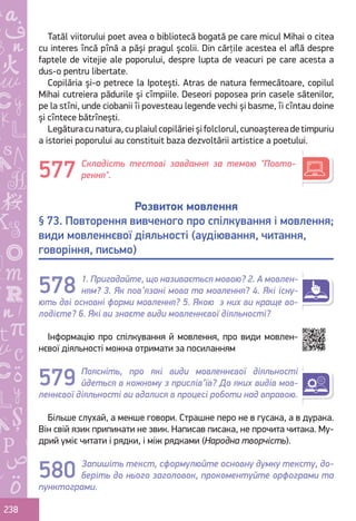 Ș
ă
ţ
238
Tatăl viitorului poet avea o bibliotecă bogată pe care micul Mihai o citea
cu interes încă pînă a păși pragul școlii. Din cărțile acestea el află despre
faptele de vitejie ale poporului, despre lupta de veacuri pe care acesta a
dus-o pentru libertate.
Copilăria și-o petrece la Ipotești. Atras de natura fermecătoare, copilul
Mihai cutreiera pădurile și cîmpiile. Deseori poposea prin casele sătenilor,
pe la stîni, unde ciobanii îi povesteau legende vechi și basme, îi cîntau doine
și cîntece bătrînești.
Legăturacunatura,cuplaiulcopilărieișifolclorul,cunoaștereadetimpuriu
a istoriei poporului au constituit baza dezvoltării artistice a poetului.
Складість тестові завдання за темою "Повто-
рення".
1. Пригадайте, що називається мовою? 2. А мовлен-
ням? 3. Як пов’язані мова та мовлення? 4. Які існу-
ють дві основні форми мовлення? 5. Якою з них ви краще во-
лодієте? 6. Які ви знаєте види мовленнєвої діяльності?
Інформацію про спілкування й мовлення, про види мовлен-
нєвої діяльності можна отримати за посиланням
Поясніть, про які види мовленнєвої діяльності
йдеться в кожному з прислів’їв? До яких видів мов-
леннєвої діяльності ви вдалися в процесі роботи над вправою.
Більше слухай, а менше говори. Страшне перо не в гусака, а в дурака.
Він свій язик припинати не звик. Написав писака, не прочита читака. Му-
дрий уміє читати і рядки, і між рядками (Народна творчість).
Запишіть текст, сформулюйте основну думку тексту, до-
беріть до нього заголовок, прокоментуйте орфограми та
пунктограми.
577
Розвиток мовлення
§ 73. Повторення вивченого про спілкування і мовлення;
види мовленнєвої діяльності (аудіювання, читання,
говоріння, письмо)
578
579
580
Право для безоплатного розміщення підручника в мережі Інтернет має
Міністерство освіти і науки України http://mon.gov.ua/ та Інститут модернізації змісту освіти https://imzo.gov.ua
 